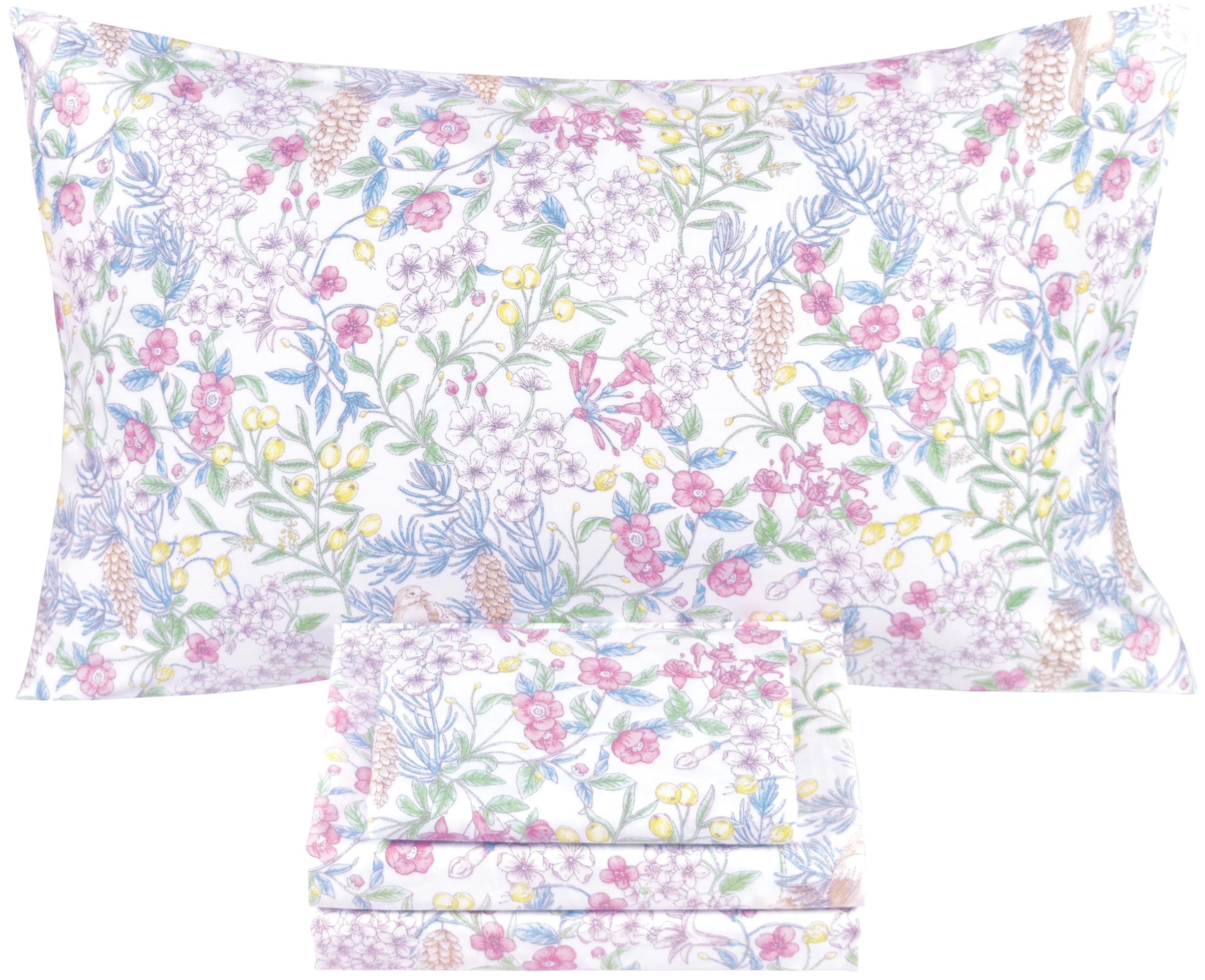 Scientific Sleep Vine Flower Plants Leaves Wild Fruit Bird Vintage Floral 100% Cotton Bed Sheet Set Kids Girls Teen, Flat Sheet &amp; Fitted Sheet &amp; Pillowcase Bedding Set (Botanic Garden, Full)