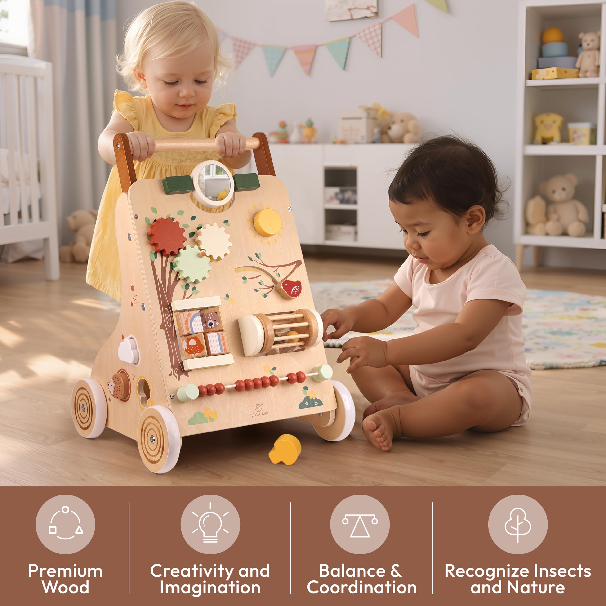 Little Log Drewniany chodzik dla niemowląt, regulowana prędkość i 2-poziomowa wysokość, centrum aktywności z 9 zabawkami sensorycznymi Montessori, wykończenie z naturalnego drewna, antypoślizgowe