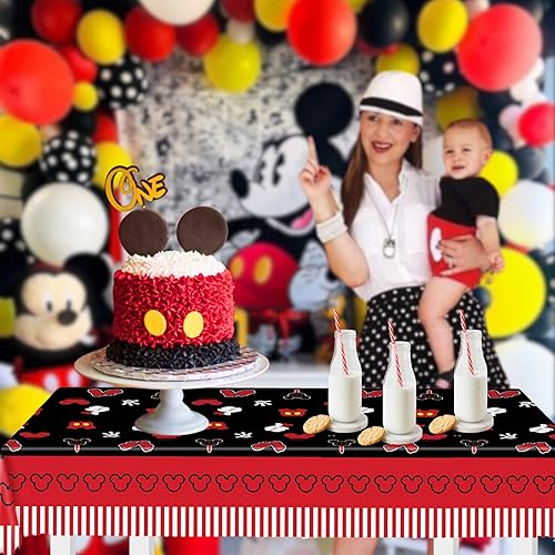 Miniatura 7 de 3 manteles de cumpleaños de ratón para fiesta, manteles de plástico negro y rojo para niños y niñas, mantel rectangular desechable, decoración de