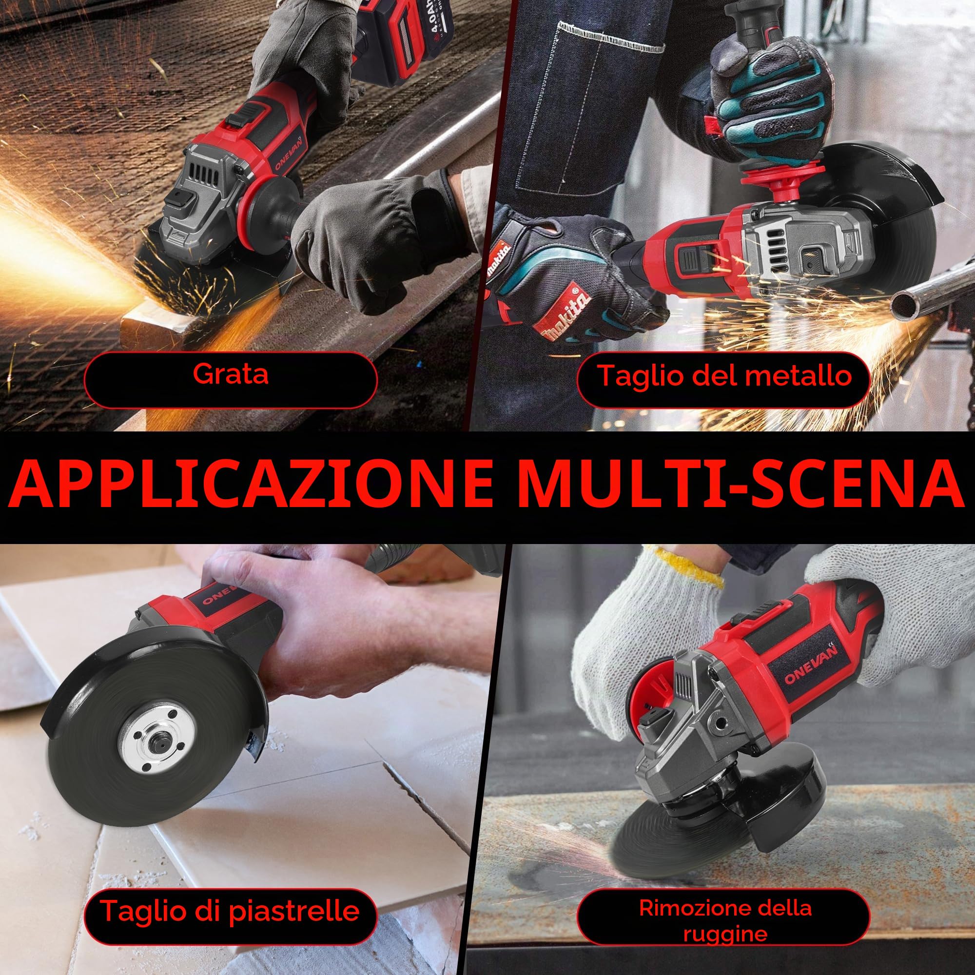 ONEVAN Smerigliatrice Angolare a Batteria 125mm, Flessibile Professionale Brushless 20V con 2 Batterie 4.0Ah, 8000 RPM, Smerigliatrice Elettrica con Copertura di Protezione e Impugnatura Ergonomica