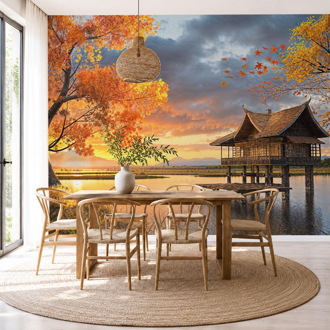 Papier peint panoramique pour salon ambiance d'automne apaisante sous le coucher de soleil