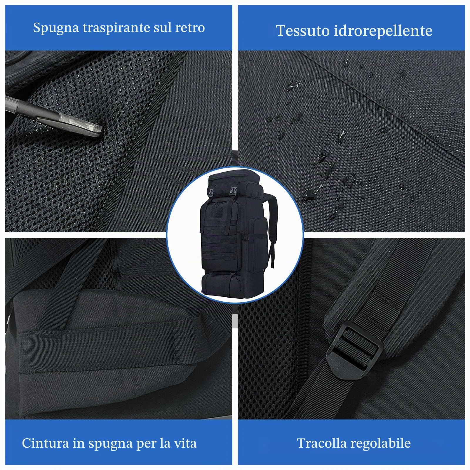 80L Campeggio Trekking Zaino, Zaino Tattico Militare Molle, Grande Zaino da Trekking Resistente all'Acqua, Zainetto Sport all'Aria Aperta, Borse Sportive Regolabili (Nero)