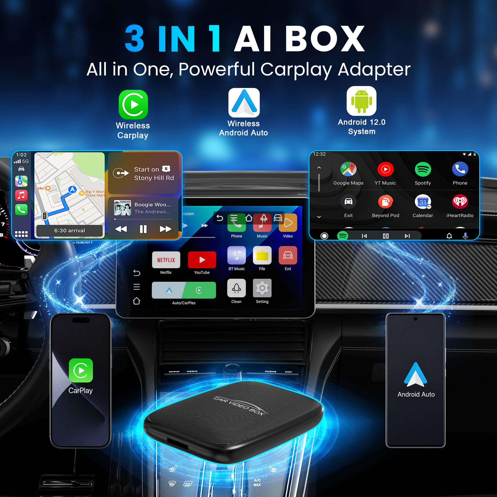 CarPlay AI Box 2026 Upgrade – Wireless Apple CarPlay & Android Auto Adapter, Magic Video Box mit Netflix, YouTube, TF-Karten-Unterstützung, Plug-and-Play Car Play Adapter für iOS 10+ / Android 11+