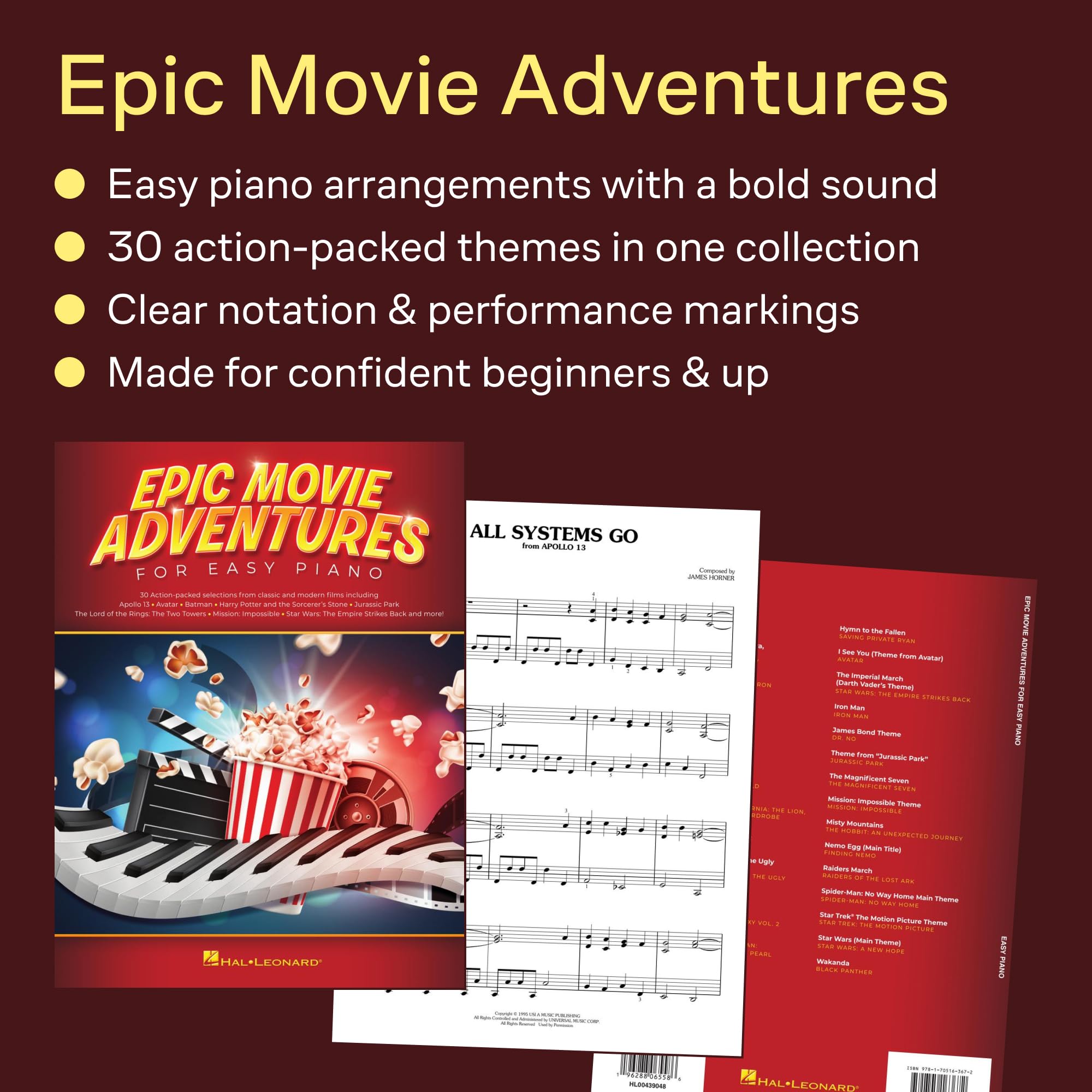 Epic Movie Adventures for Easy Piano: 30 Action-Packed Selections Arranged for Beginning Players: 30 Action-Packed Selections From Classic and Modern Films