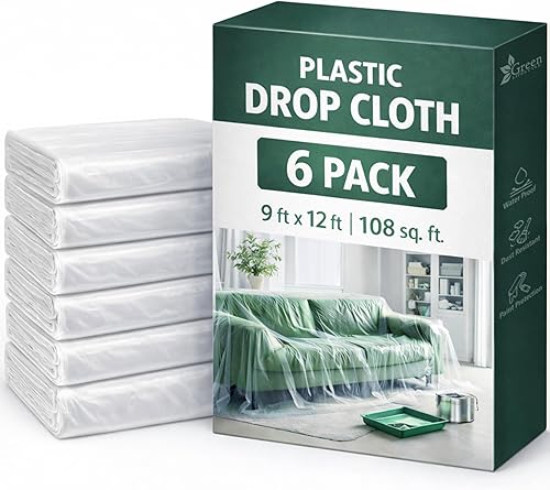 GREEN LIFESTYLE Plastic Drop Cloths for Painting 12 x 9 ft [6 Pack] – Waterproof Paint Drop Cloth, Plastic Sheets Floor Cover, Disposable Tarp for Furniture Protection, Remodeling and Moving