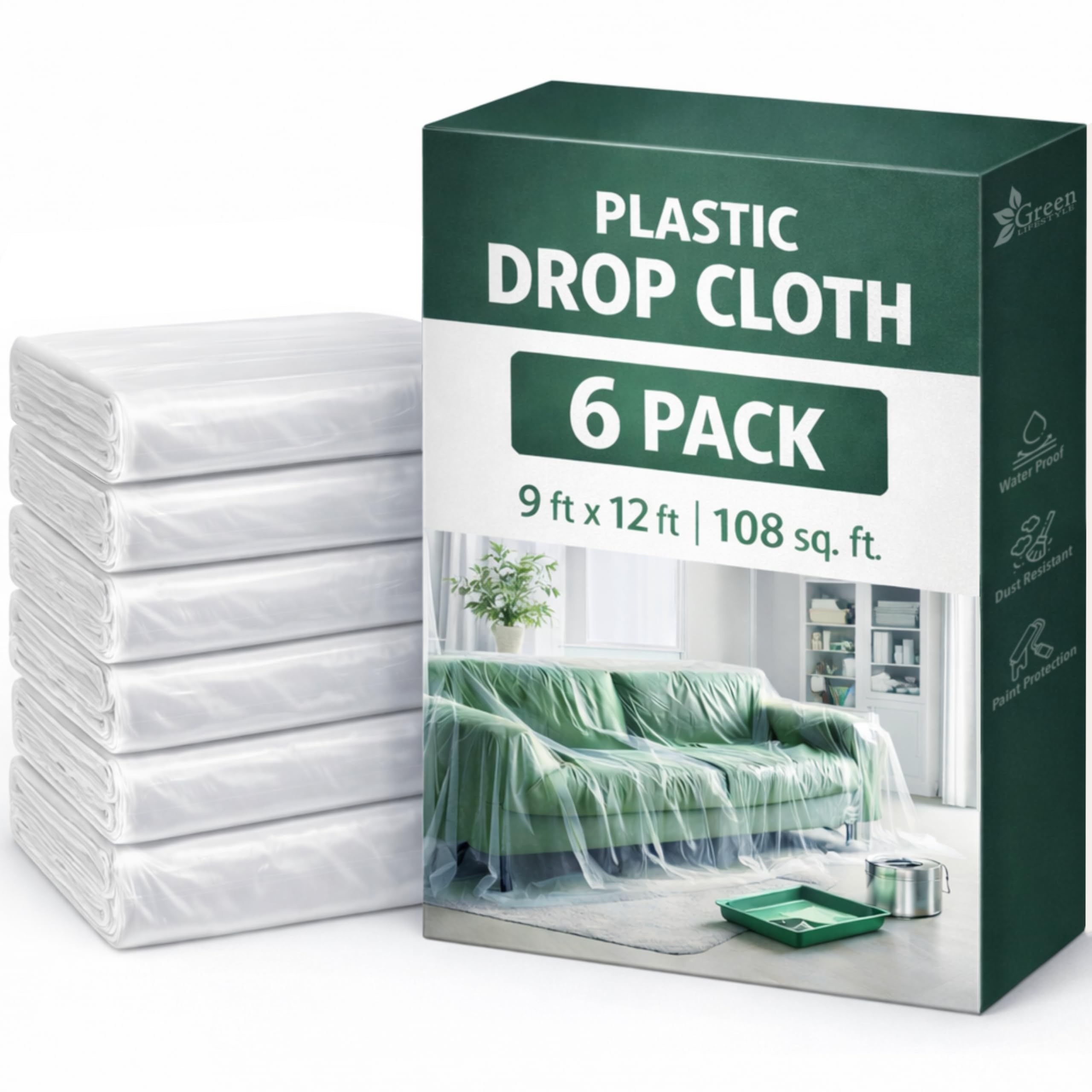 GREEN LIFESTYLE Plastic Drop Cloths for Painting 12 x 9 ft [6 Pack] – Waterproof Paint Drop Cloth, Plastic Sheets Floor Cover, Disposable Tarp for Furniture Protection, Remodeling and Moving