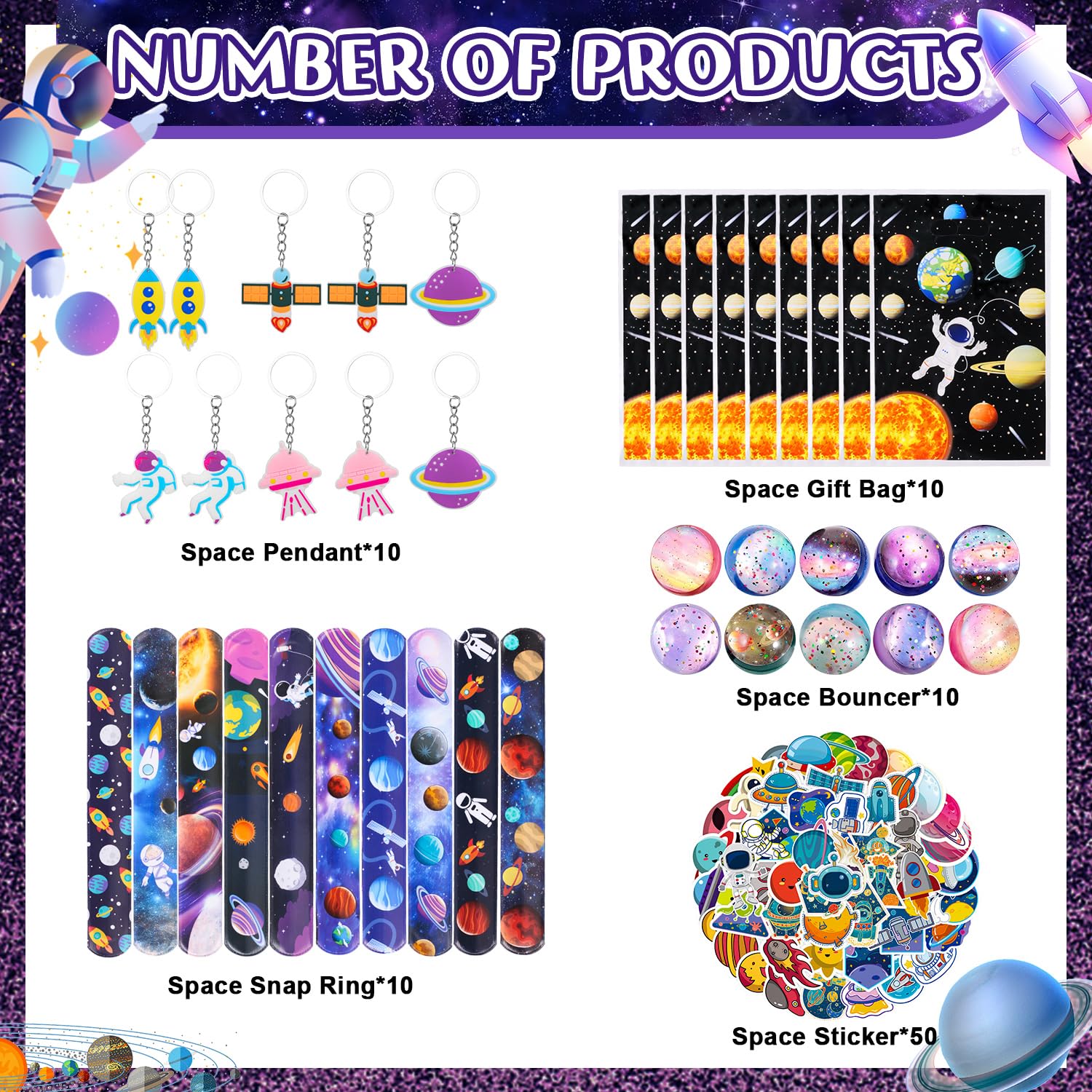 Ruimte Party Bag Fillers Mini Foam Stress Ball Raket LED Sleutelhanger Stempel Lichtgevende Tattoo Slap Armband Ketting Geschenkdoos Pinata Stuffer Ruimte Party Favour Kids Jongens Verjaardagsfeestje