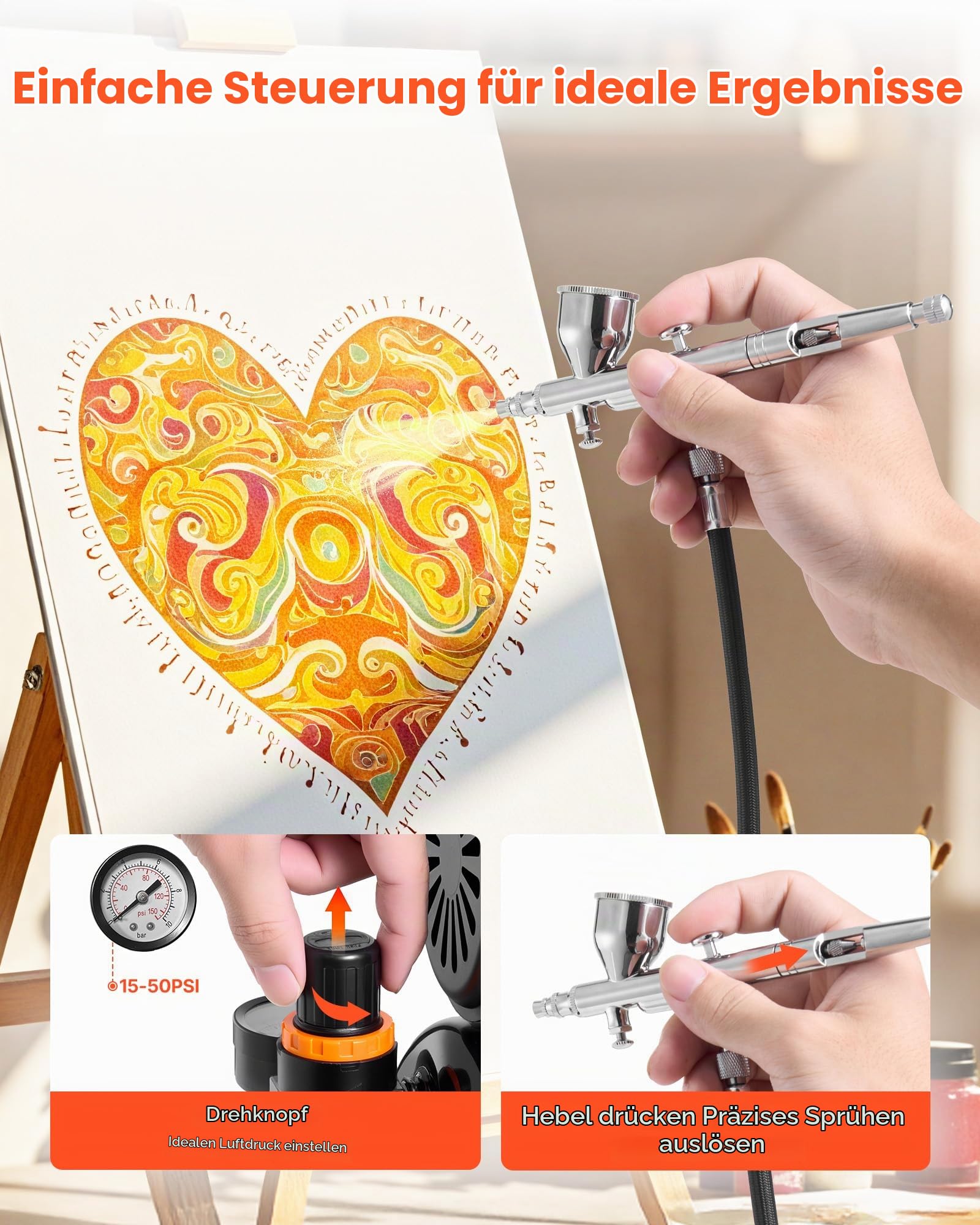 VEVOR Airbrush Set 1/6 PS mit Luftkompressor & Tank, 1 Dual Action Airbrush mit 1 Düse (0,3 mm) & Schlauch & Acrylfarbe)(24) & 2 Ventilatoren, für Kuchendekoration Modellmalerei Nagelkunst