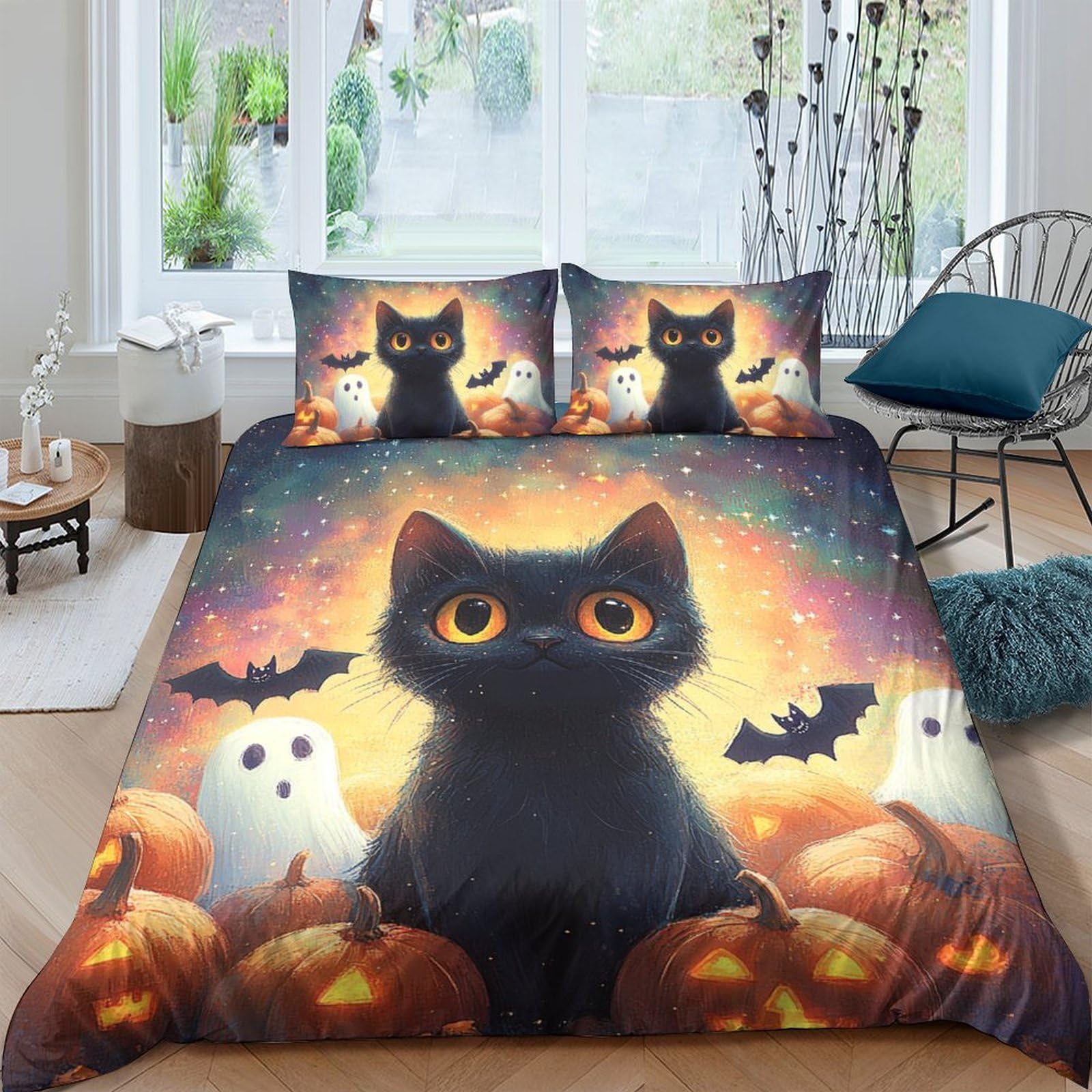 Ctjqhvkz Style-7 3D Printed Halloween Black Cat Fitted Sheet Microfiber Soft Breathable Pumpkin Ghost Bed Cover For Bedroom Guest Room Single（135X200cm）