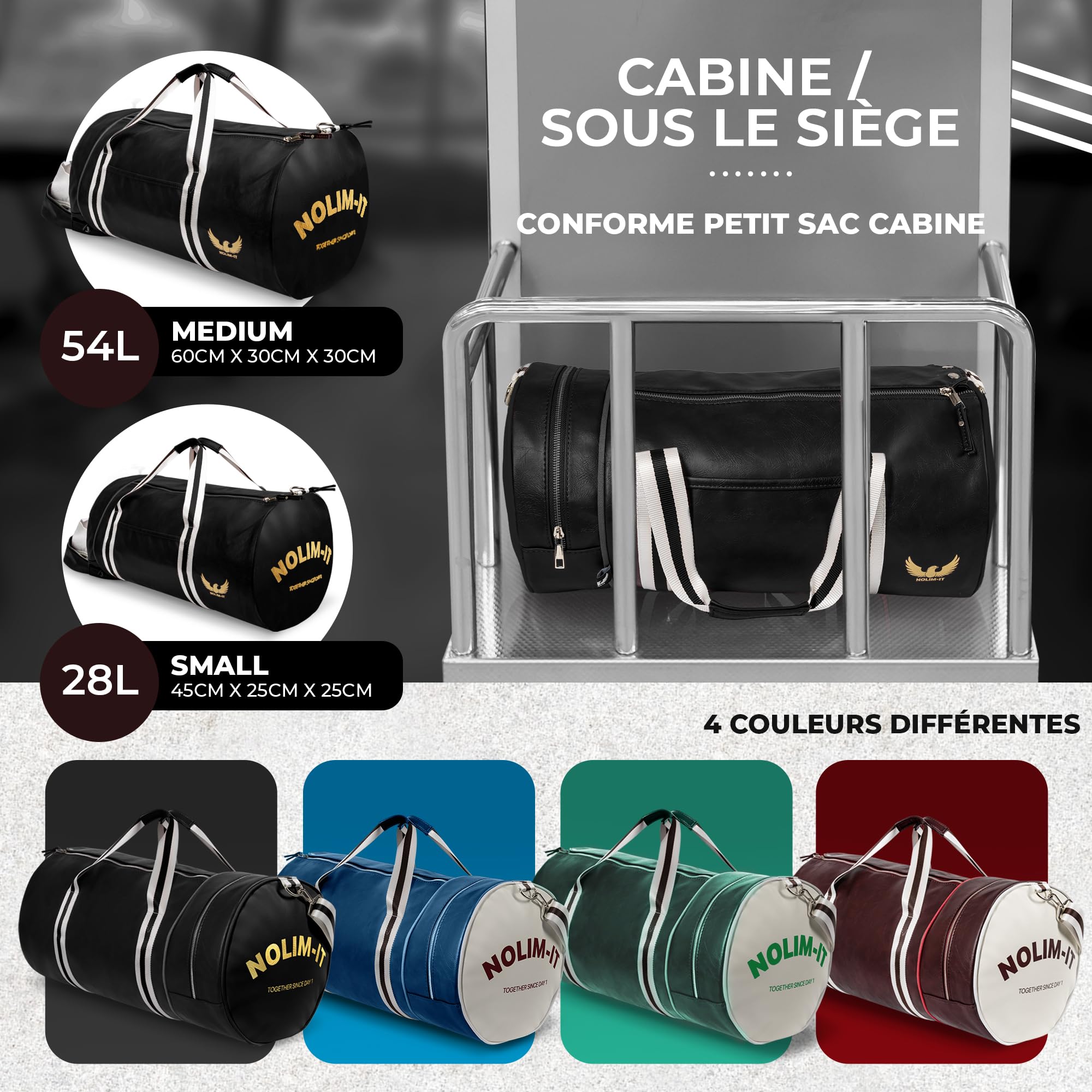 Sac de Sport Nolim-it® - Vintage - Simili Cuir - Sac bandoulière Homme - Pliable - Compartiment Chaussures - Sac Voyage Cabine - Résistant à l’Eau - 60x30x30cm - Medium 54L - Duffel Bag - Musculation