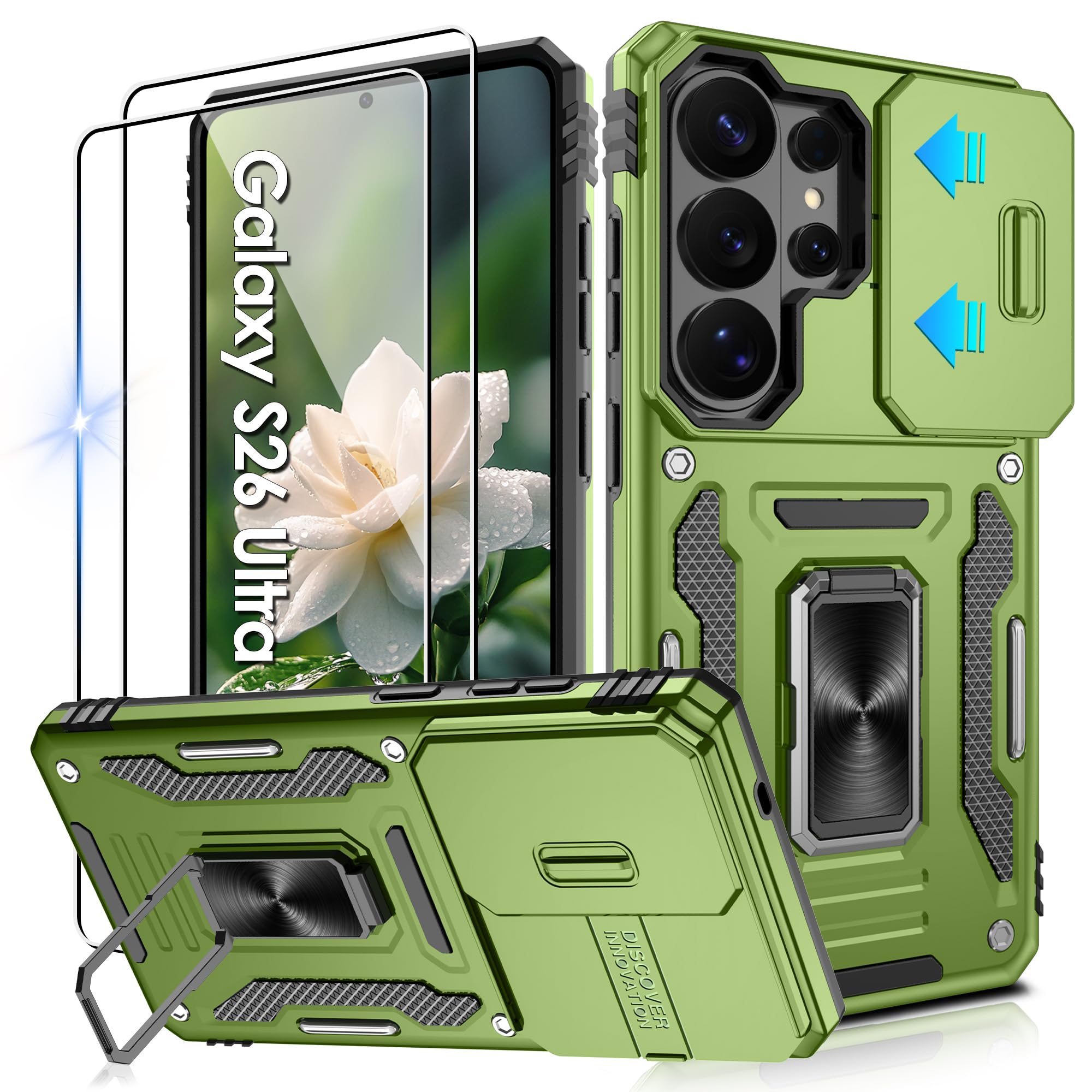 Jshru Handyhülle für Samsung Galaxy S26 Ultra Hülle Kameraschutz Slide mit 2 Stück Schutzfolie Militärstandard Stoßfest Schutzhülle 360° Metall Ring Ständer Case für Galaxy S26 Ultra,Olivegrün