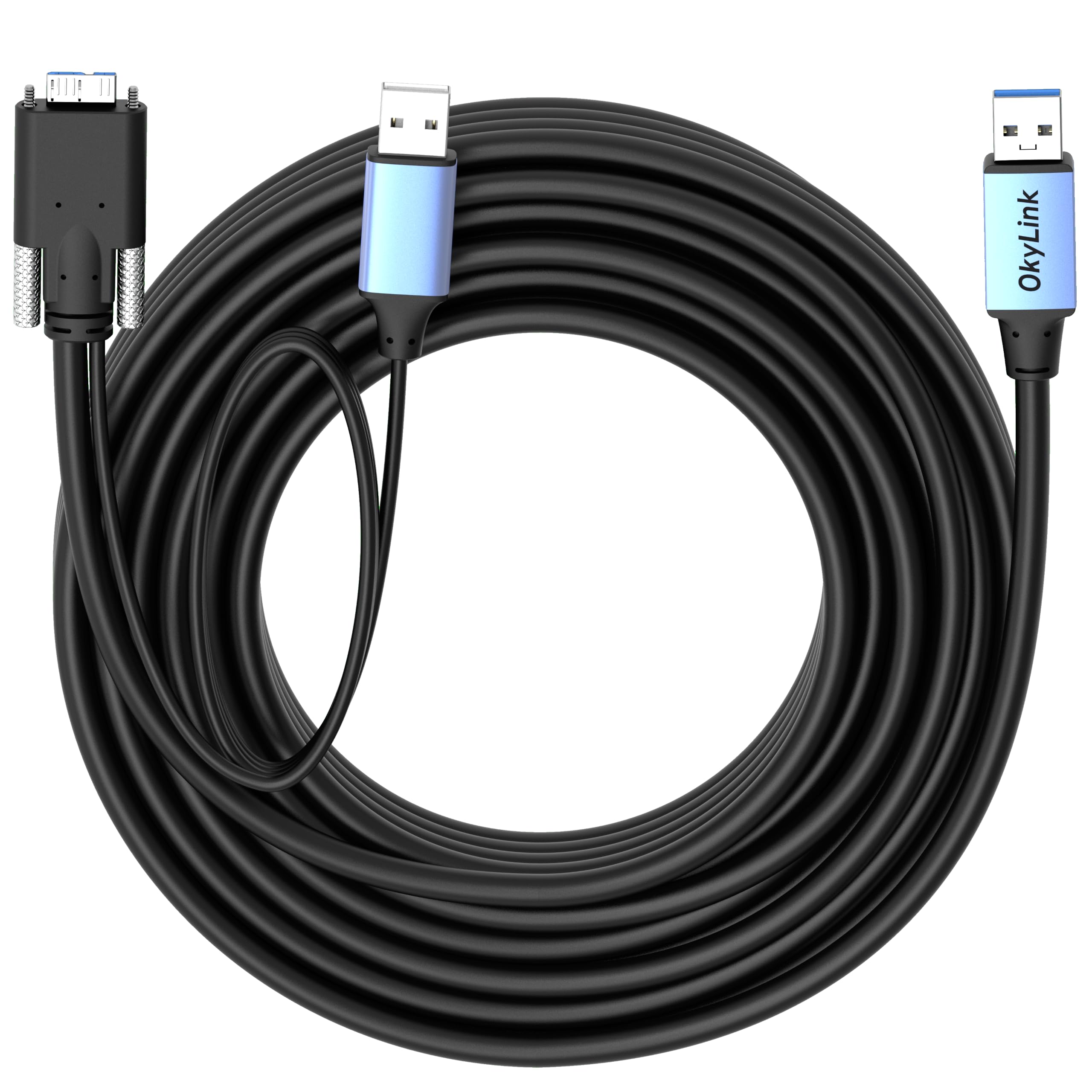 OkyLink Aktywny kabel USB 3.0 do Micro-B z blokadą śrubową - 5 Gbps A męski na Micro-B męski, jakość przemysłowa z wbudowanym kablem zasilającym 10 m