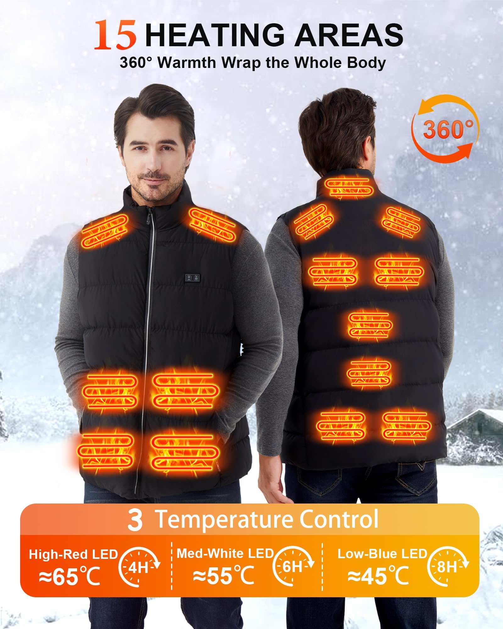 Gilet elettrico riscaldato da uomo: USB 3 livelli di temperatura, gilet riscaldante con batteria da 7,4 V 16000 mAh, 15 zone di riscaldamento, giacca invernale leggera riscaldata per escursioni