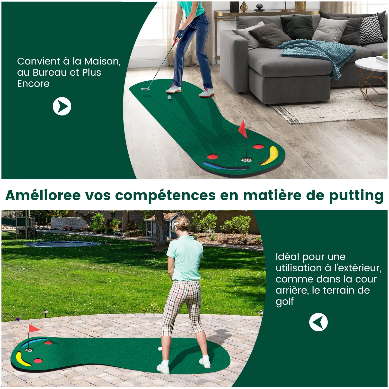 COSTWAY Tapis de Frappe de Golf 300 x 96 cm, Tapis d'Entraînement de Golf par 3 avec 3 Coupelles 1 Drapeau Couvercles de Trou, Green de Putting de Golf pour Intérieur & Extérieur