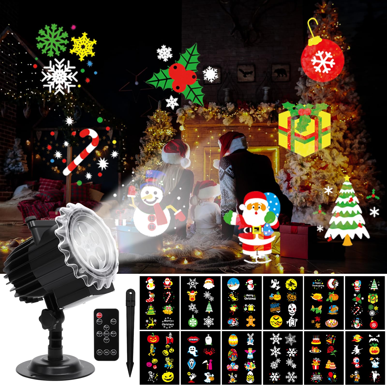 Proyector Navidad y Halloween Exterior Interior, 12 HD Patrones LED Luces de Proyector Navidad Luz Lámpara de Proyección IP65 Impermeable con Control Remoto para Fiestas, Jardines, Patios
