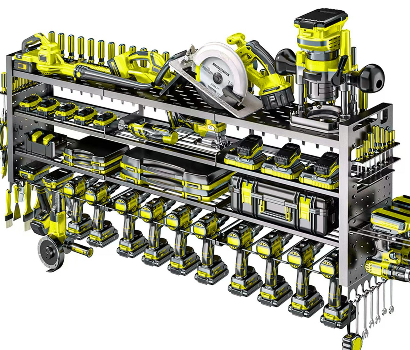 Shomextol 49.8" W Large Power Tool Organizer Wall Mount, Heavy Duty Tool Organizer with 14 cordless Drill Holder, 4 Layers Garage Organization and