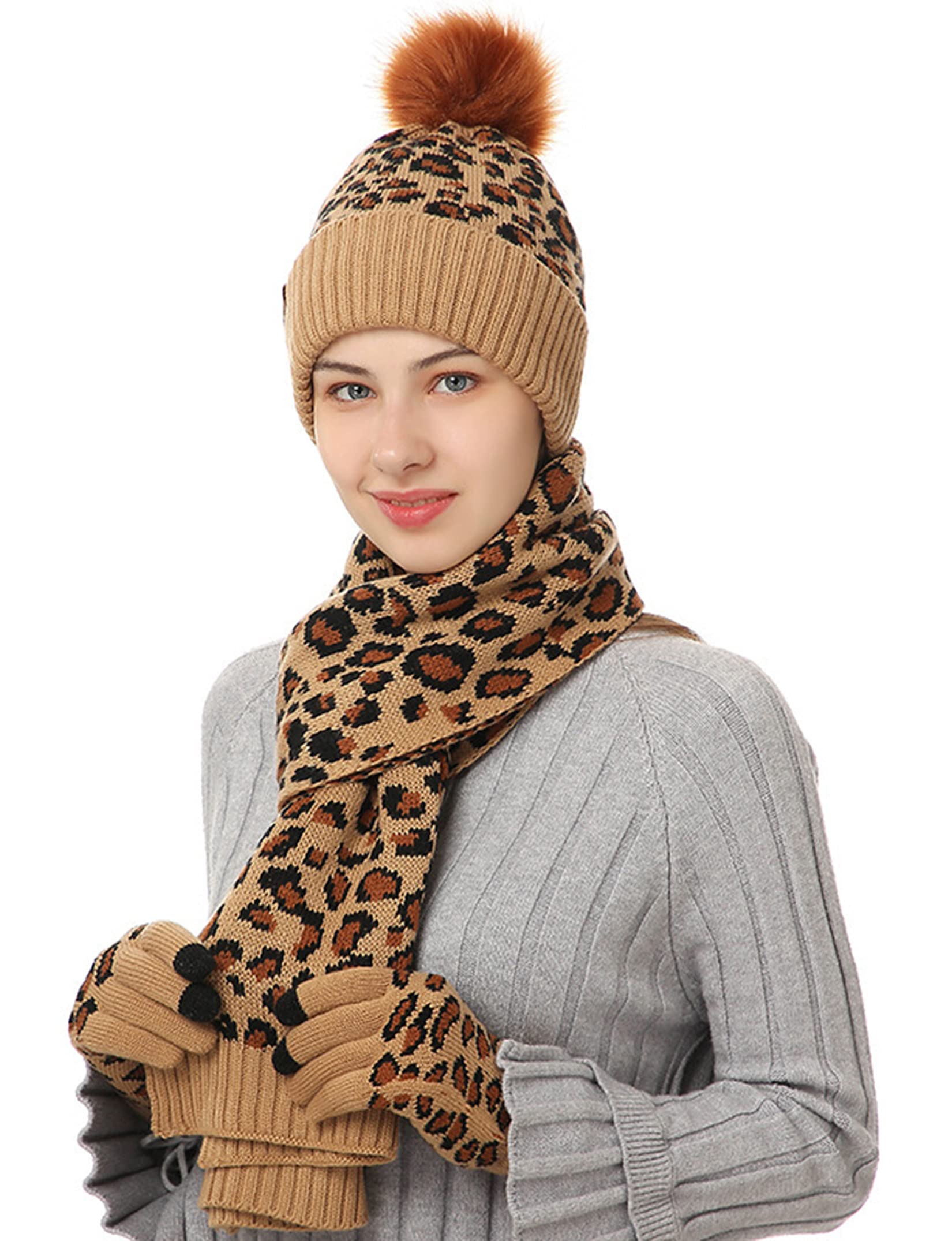 Bobble Hat Leopard Print Hat And Gloves KRIPINCWinter Hat Scarf