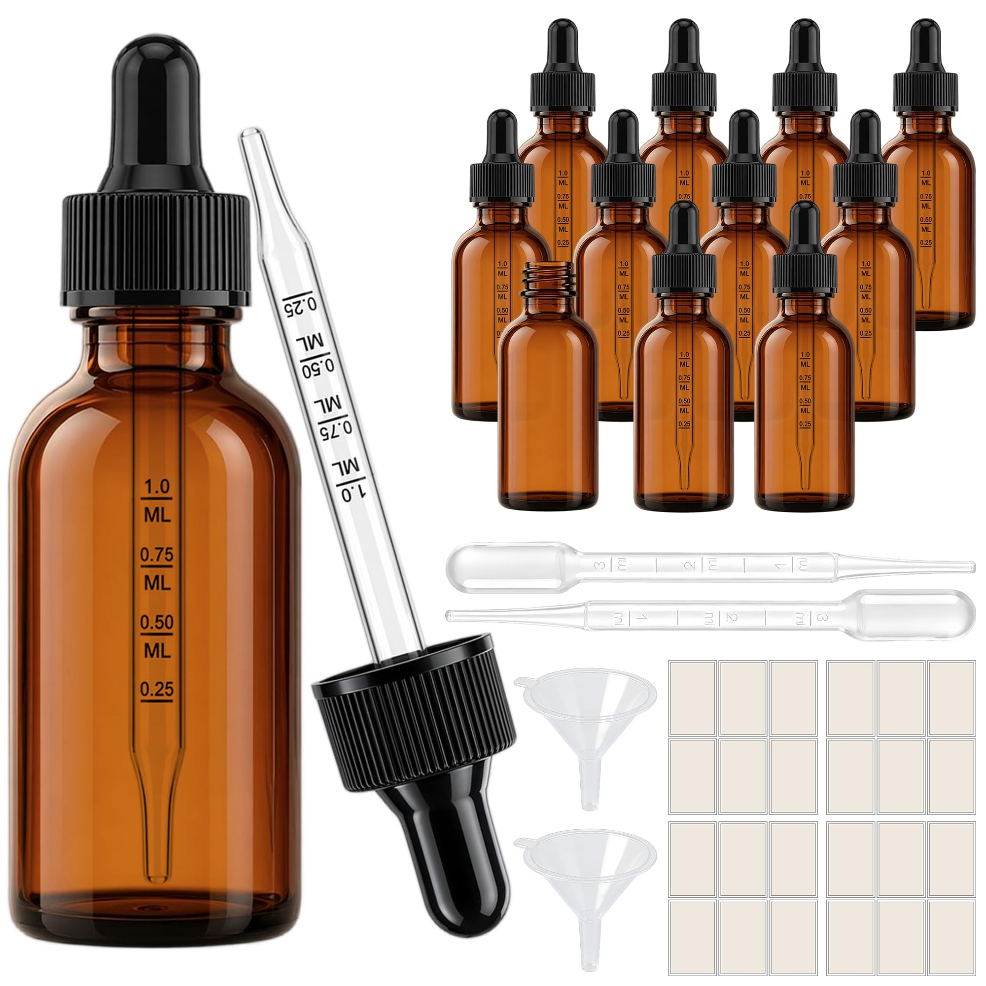 PrettyCare 12 Pack 2 oz Amber Glass Dropper Bottles with Graduated Scale, Thick Tincture Bottles for Essential Oils, Hair Oil &amp; Perfume - Refillable Travel Containers with Silicone Tip
