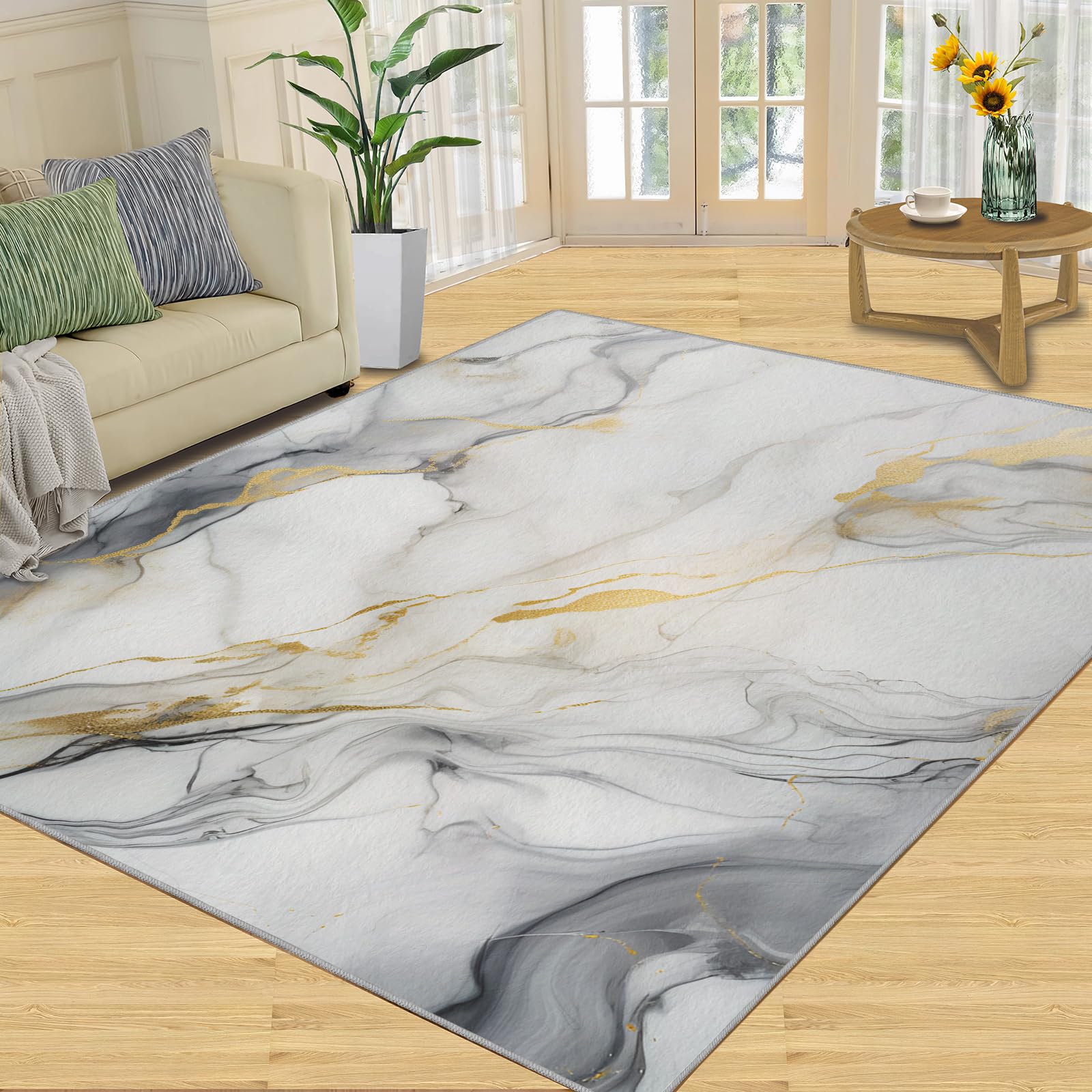 Modern Gray Rug 4x6 Gray-White Marble Rugs for Living Room Bedroom, White Gold Marble Carpet, Washable Non Slip Super Soft - Modern Fluids Art Home