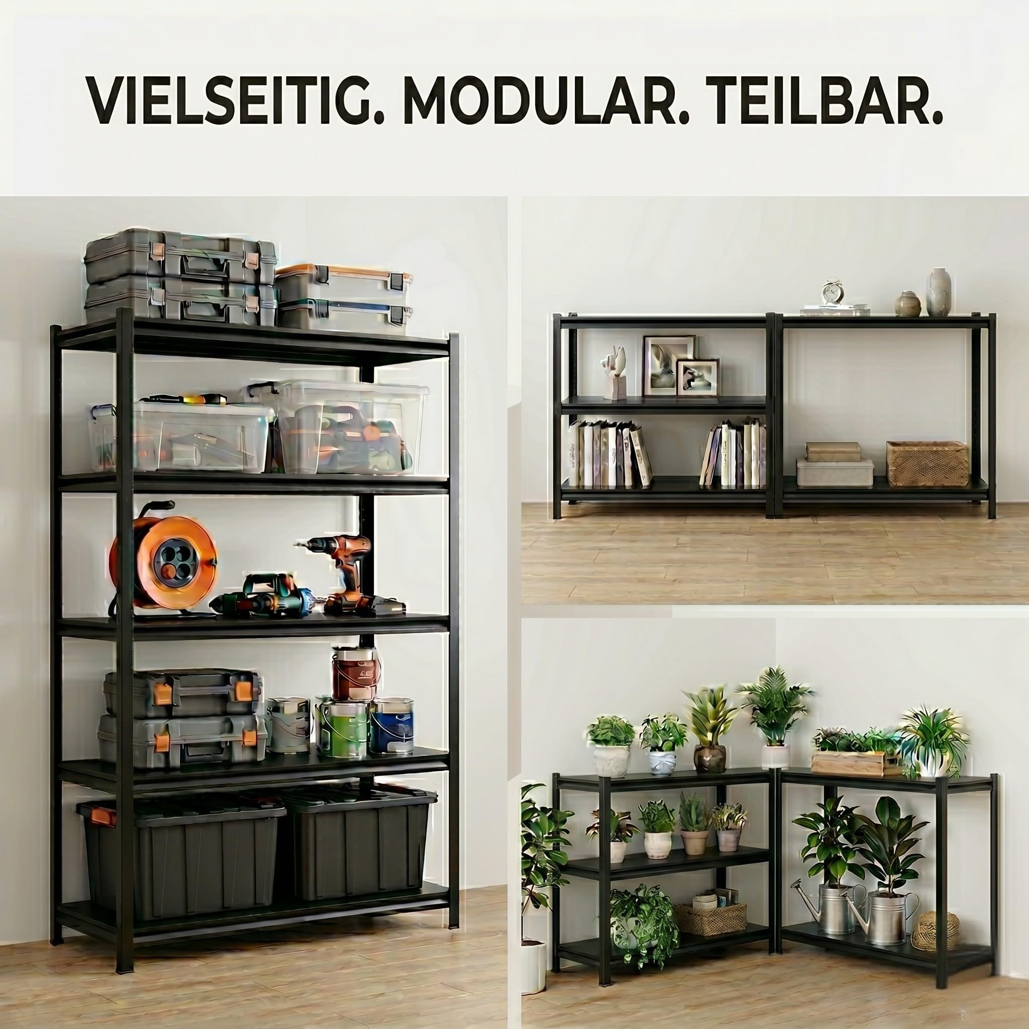ALBATROS SR2B Premium Schwerlastregal Schwarz 2er Set – 875 kg belastbar, wasserfest, Matte laminierte Böden, 5 verstellbare Ebenen, teilbares Steckregal 180x90x40 cm, Stahlregal inkl. 2 Haken