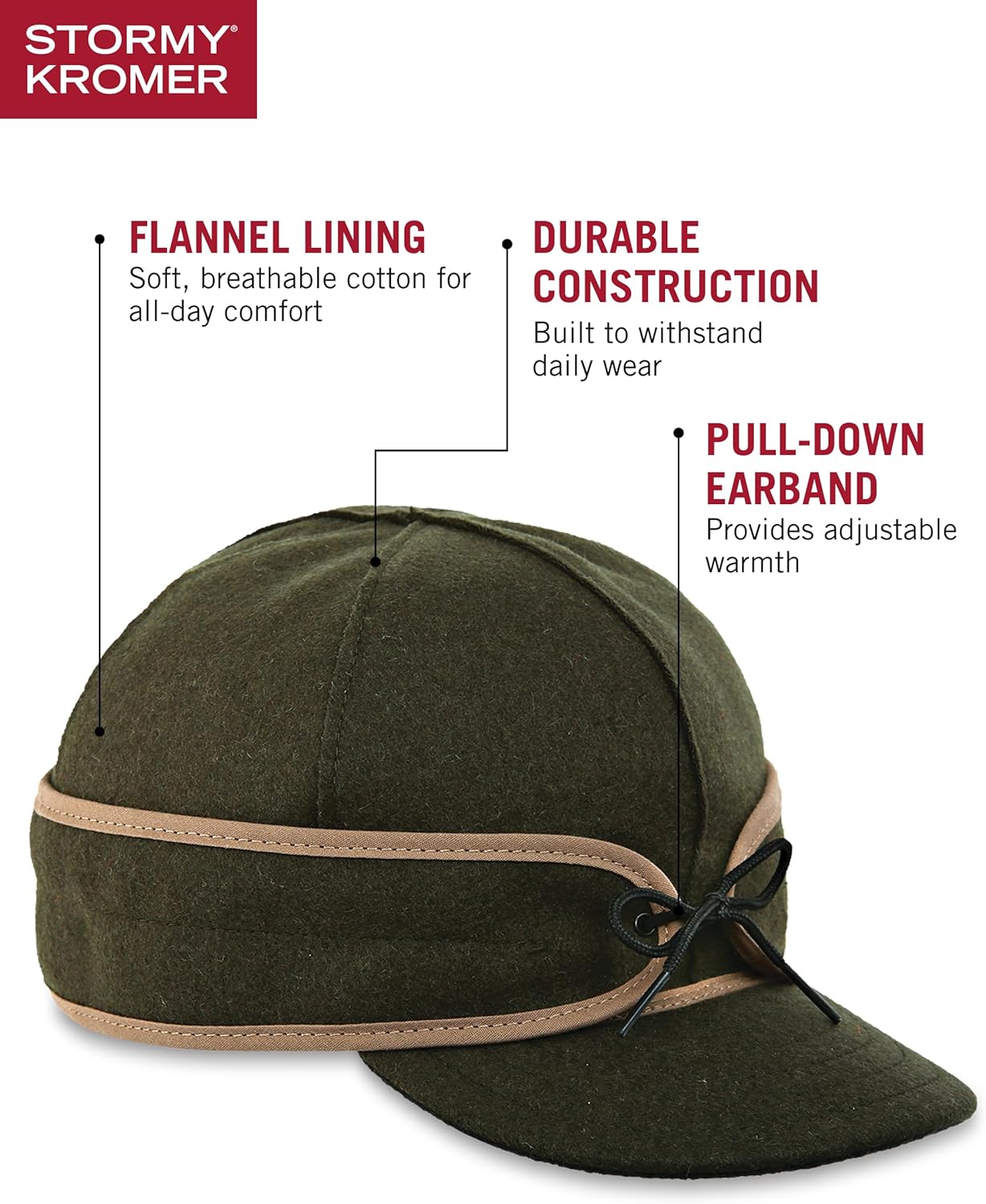 Stormy Kromer The Original Cap, Wool Blend Hat, Winter Warm Outdoor Cap for Men, Women, with Cotton Flannel Lining, Earflaps, Classic Cold Weather Gift, Olive, 7 5/8 - Image 4
