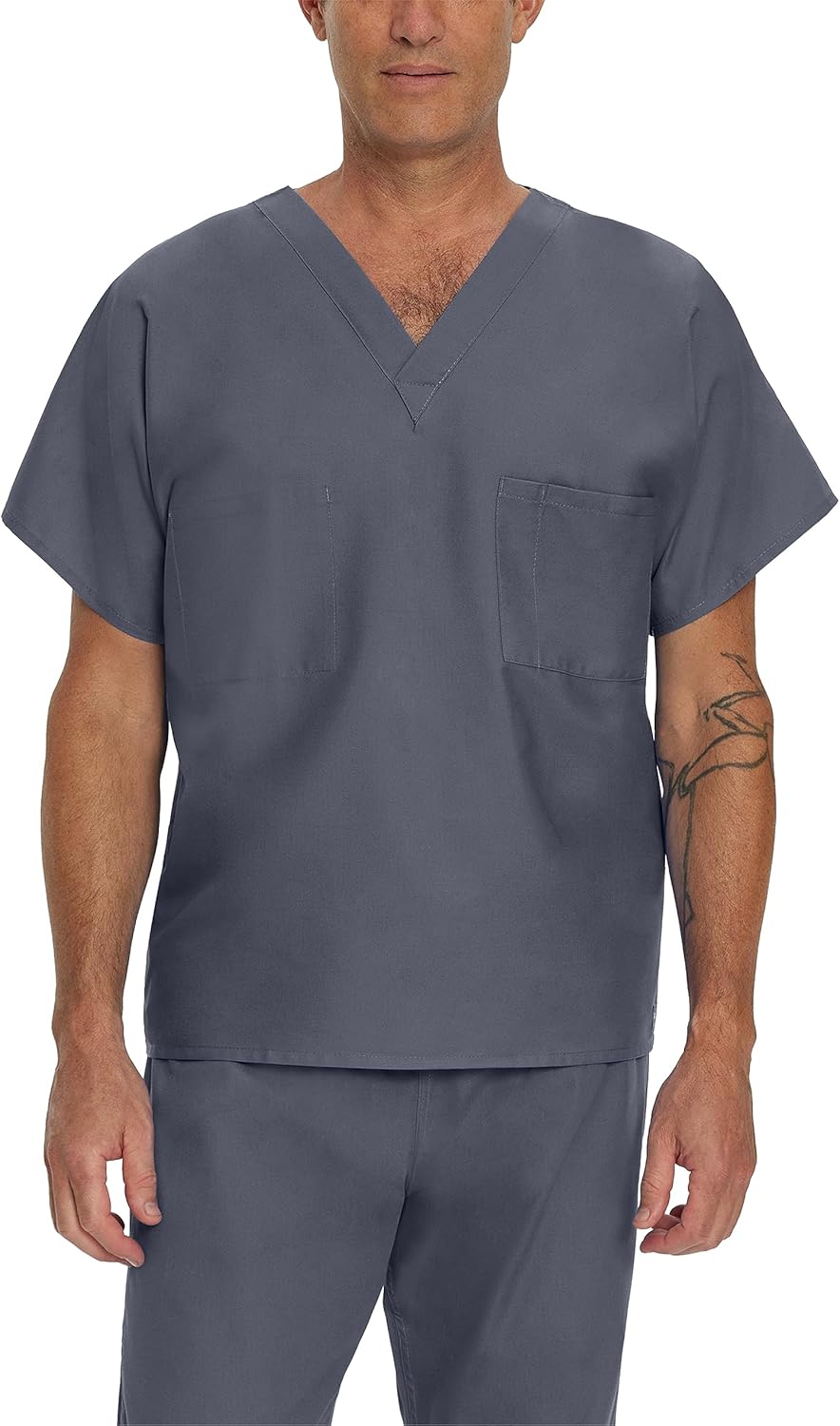 Landau Essentials Unisex Relaxed Fit 1-Pocket V-Neck Scrub Top 7502 Steel Grey - Image 4