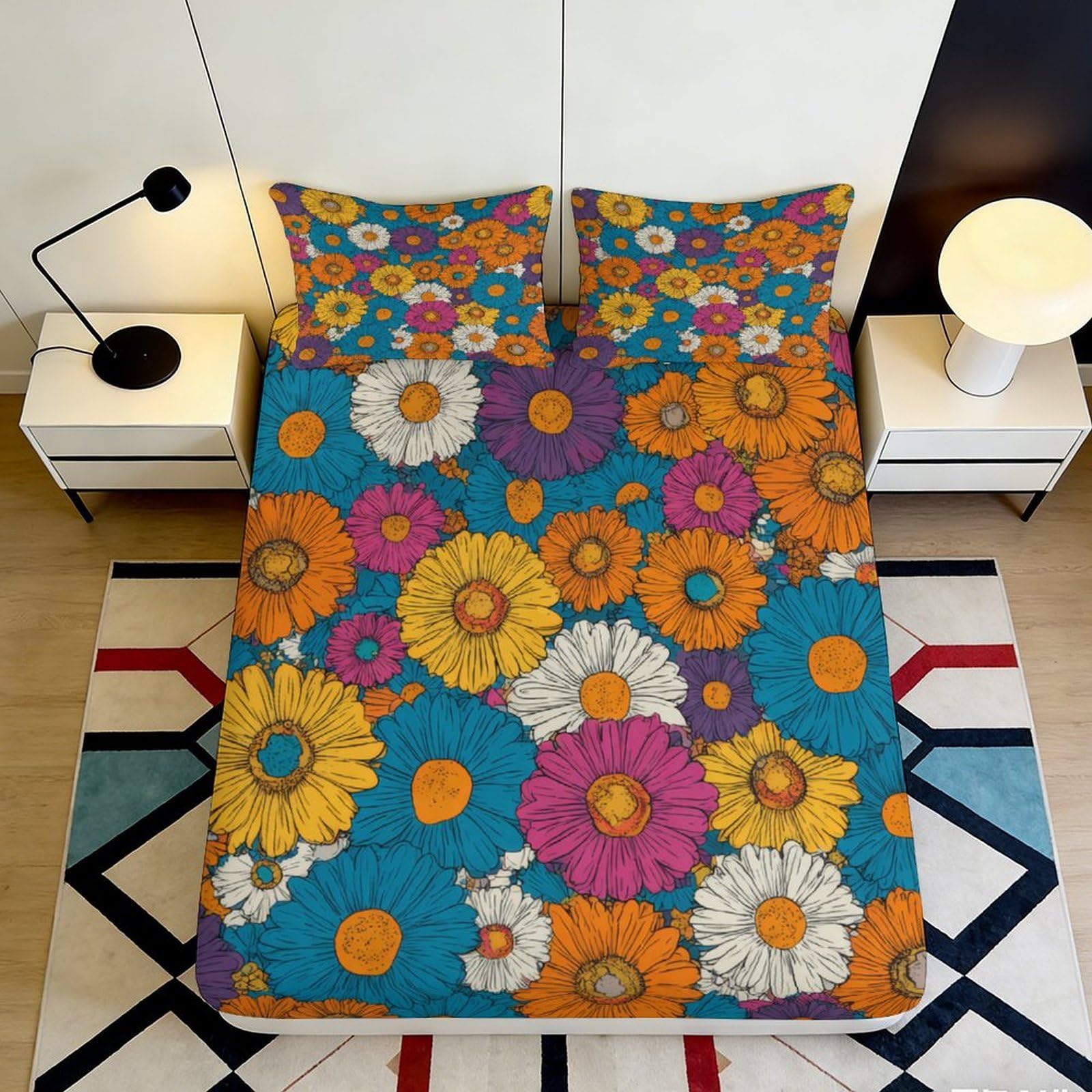 3D Printed Colorful Floral Fitted Sheet Microfiber Soft Breathable Vibrant Daisy Bed Sheet for Bedroom Dormitory Guest Room Mattress Protection Decor 140x200x25cm
