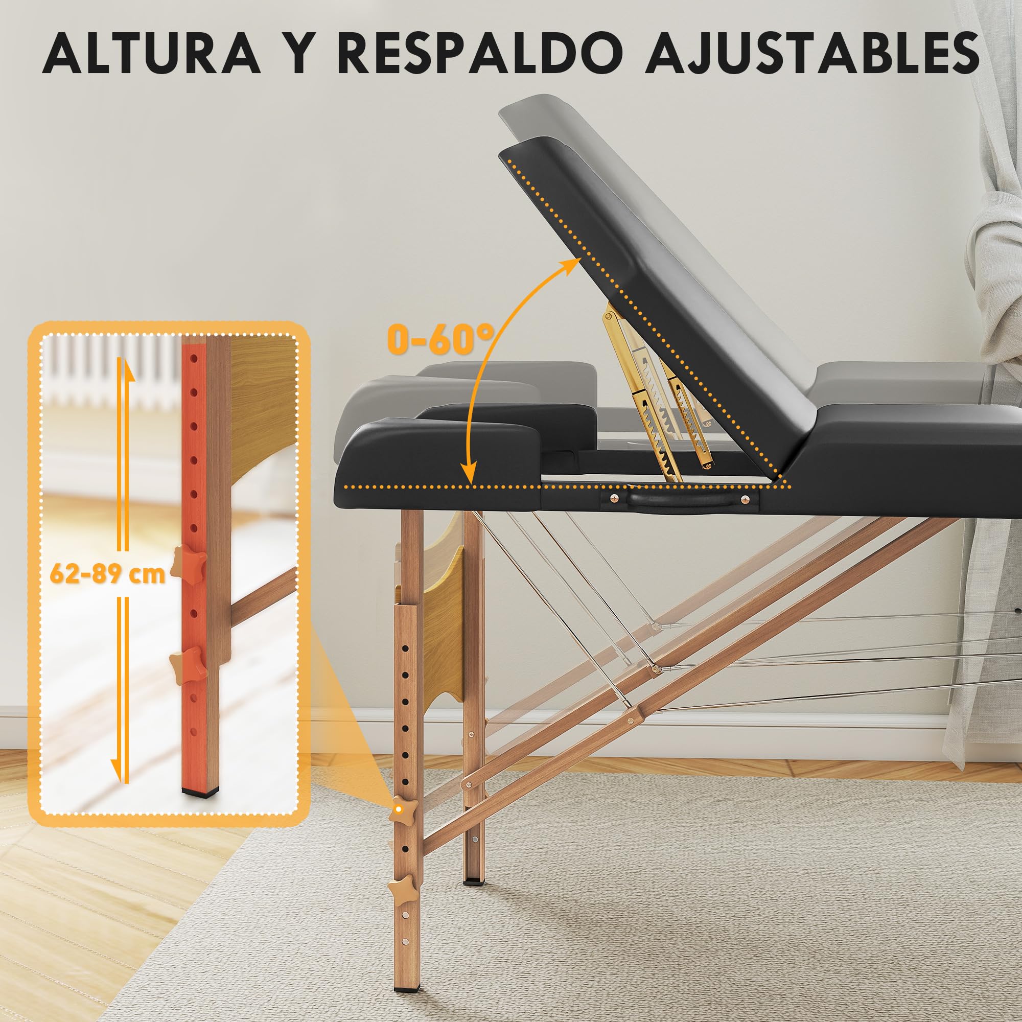 HOMCOM Camilla Masaje Plegable Portátil Camilla Estética Profesional de Madera de 3 Zonas con Altura Ajustable Reposacabezas Reposabrazos Acolchados para SPA Pestañas Tatuajes 215x60x62-89 cm Negro