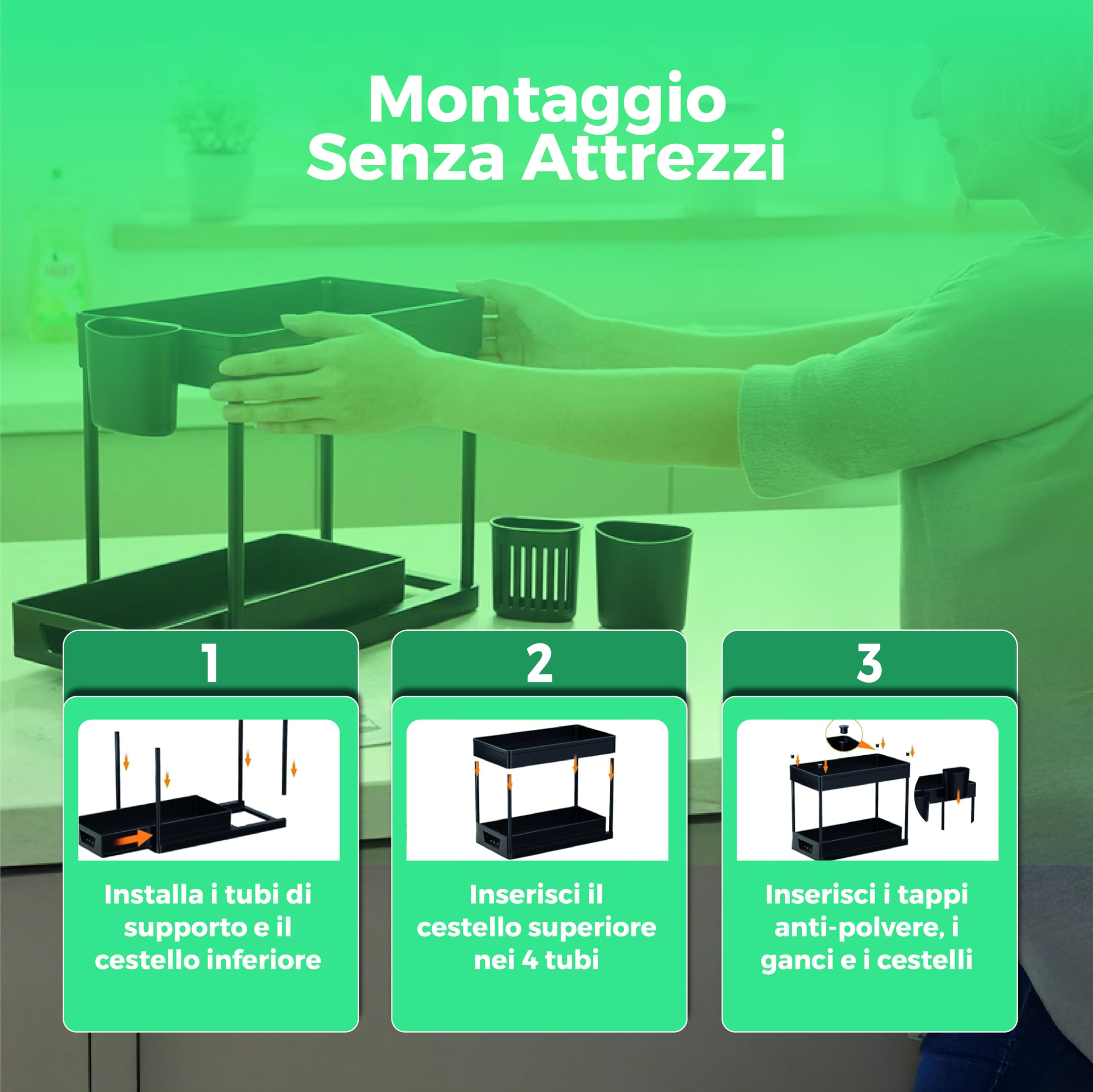 Generico Organizer Sottolavello Cucina a 2 Ripiani con Cestelli e Ganci – Porta Detergenti e Accessori Salvaspazio per Bagno e Cucina – Struttura Stabile, Facile da Montare