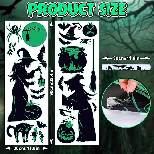 Miniatura 2 de AnyDesign 2 hojas de calcomanías de pared de bruja de Halloween que brillan en la oscuridad, bruja, murciélago, calabaza, araña, calcomanías de