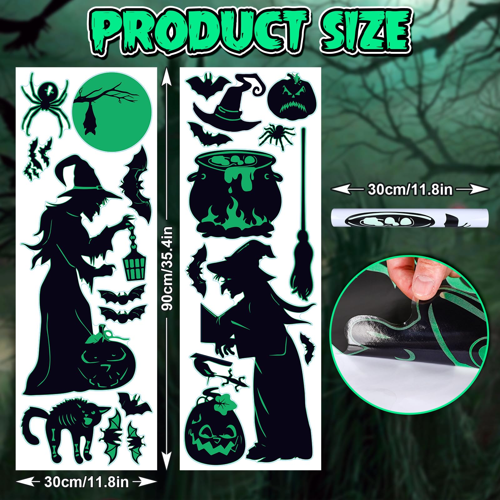 AnyDesign 2 Sheet Halloween Witch Glow in The Dark Wall Stickers Witch Bat Pumpkin Spider Wall Decals Luminous Wall Clings Decor for Halloween Party Home Office Wall Glass Mirror Decorations