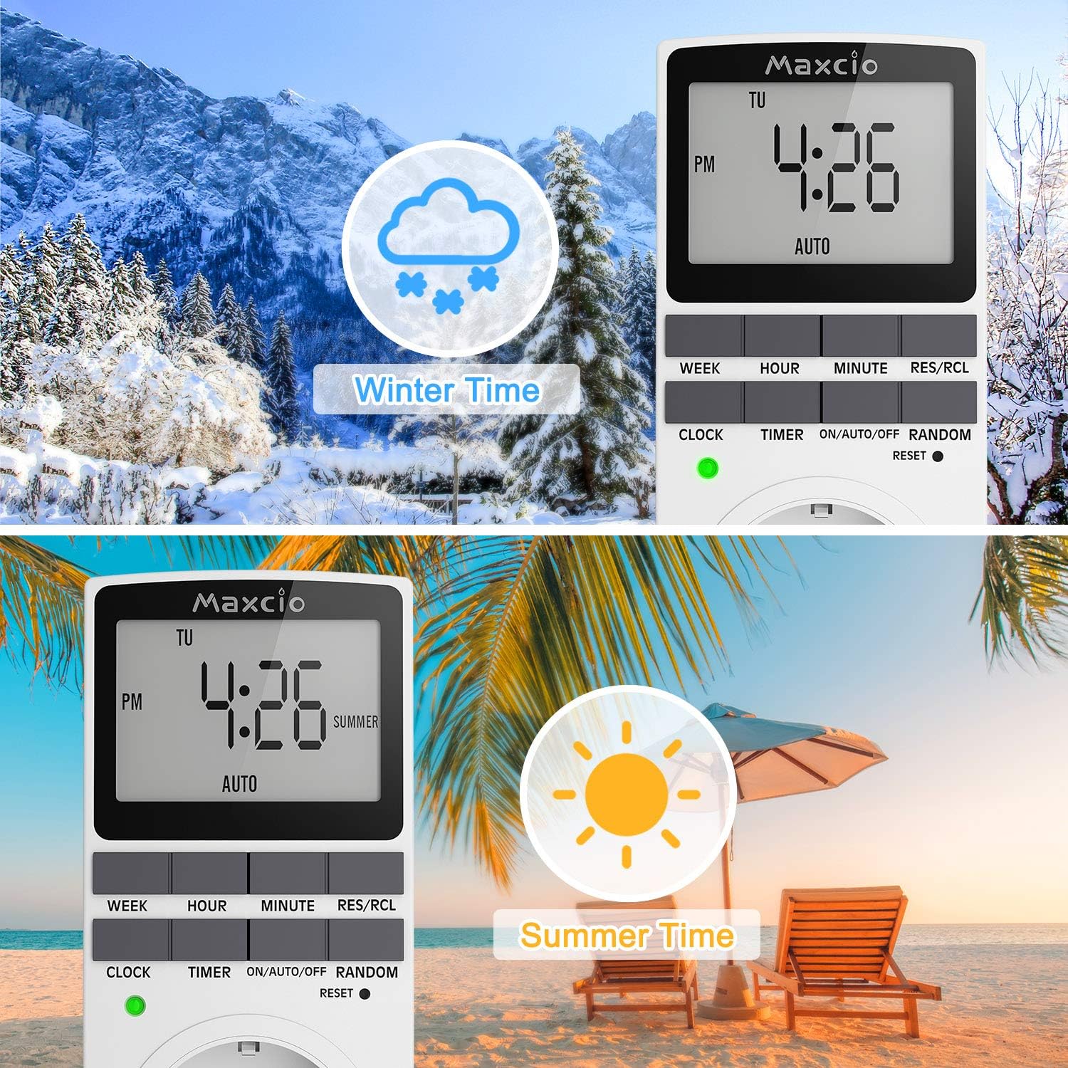 Maxcio Prise Programmable Digitale, Minuterie Numérique Journalier/Hebdomadaire avec Ecran LCD, Économie d'Energie - 2 Packs (Norme Européenne)