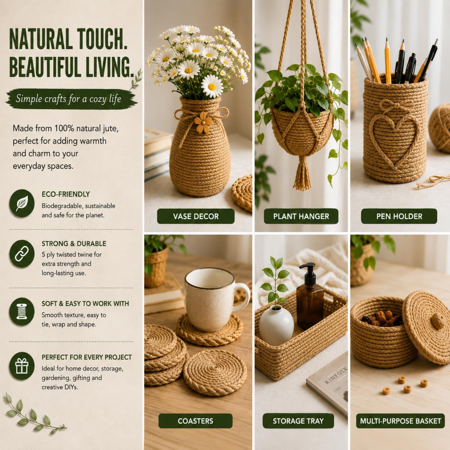 TOWNBUS - 100 Feet / 30 Meters Of 5 Ply Raw Natural Jute Cord | Twine For Arts And Crafts, Packaging Rope, String For Gifts, DIY Crafts, Beige 2