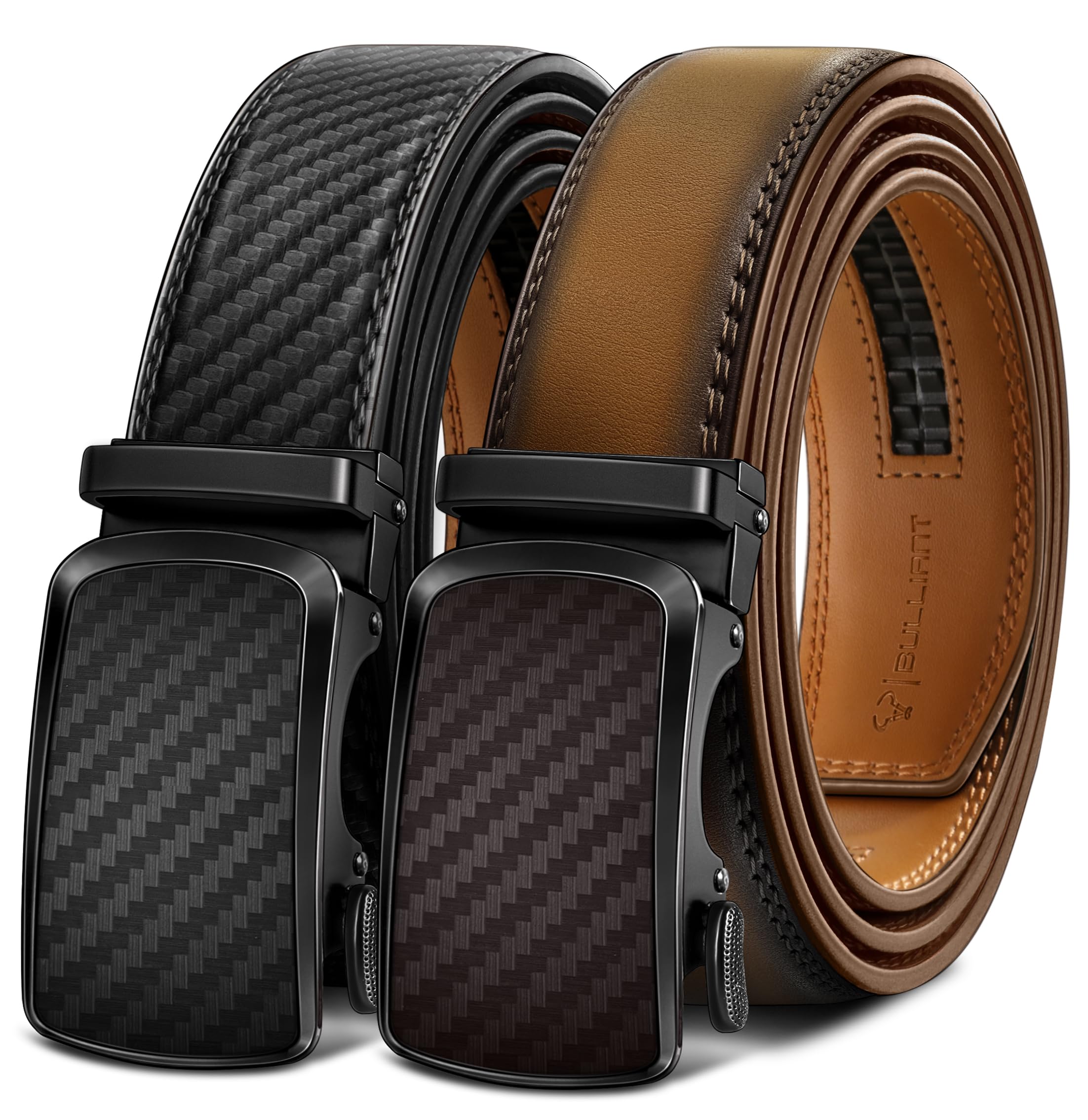Sponsored Ad - BULLIANT Men's Ratchet Belt 2 Pack-Click Leather Belt Adjustable for Men Gift 1 3/8-Cut for Perfect Fit