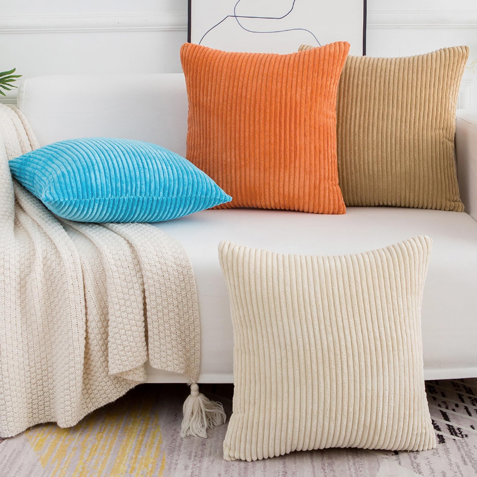 Softalker Deko-Kissenbezug, 45,7 x 45,7 cm, 4 Stück, weicher Kordsamt, quadratisch, Heimdekoration, Kissenbezüge für Wohnzimmer, Couch, Sofa, Schlafzimmer, Orange/Beige
