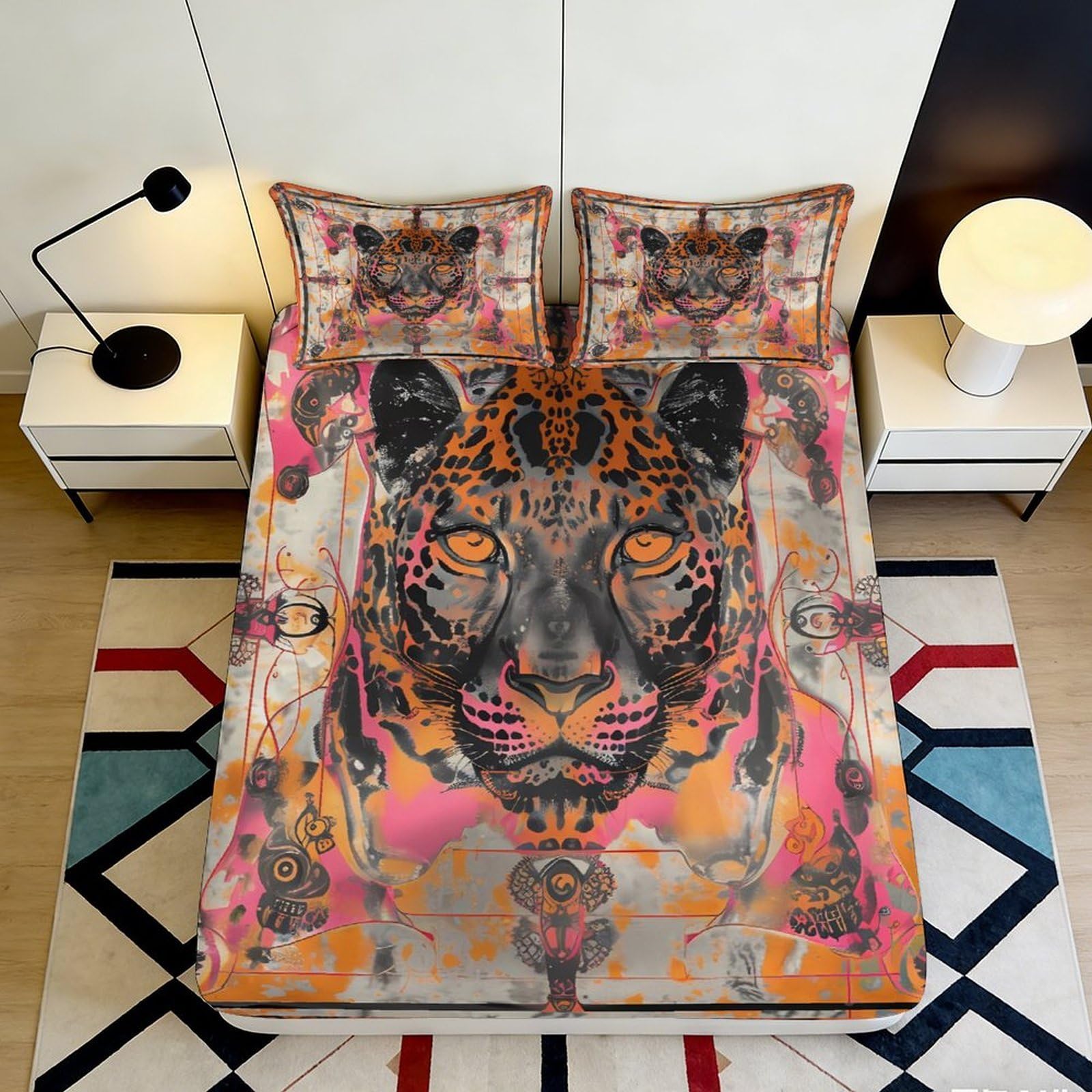 3D Printed Leopard Face Fitted Sheet Microfiber Vibrant Orange Graffiti Mattress Cover for Bedroom Dorm Decor 120x200x25cm