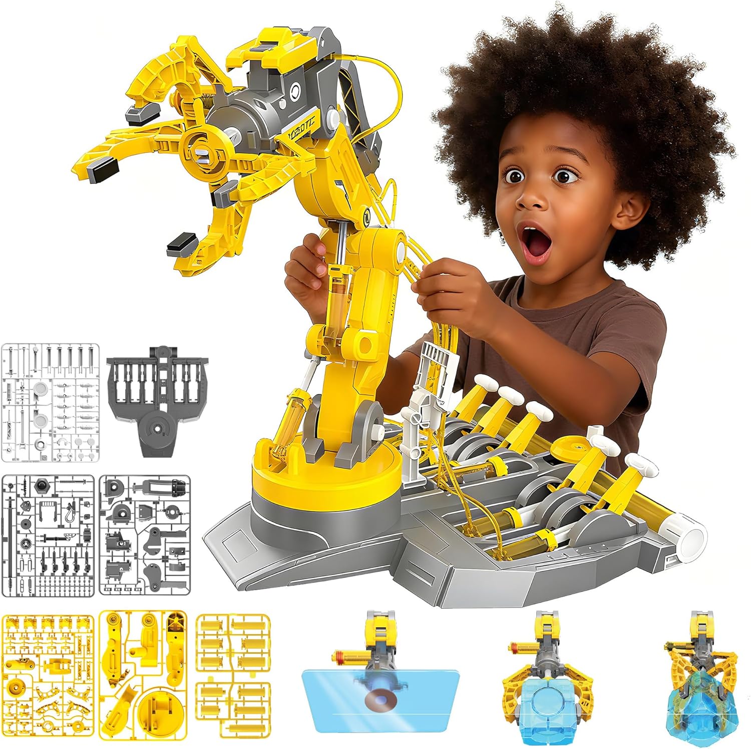 SMIESSKIDDO – Brazo robot hidráulico 3 en 1, 220 juguetes de construcción STEM con agarre de 4 mandíbulas, succión y pinzas para niños de 8 a 12