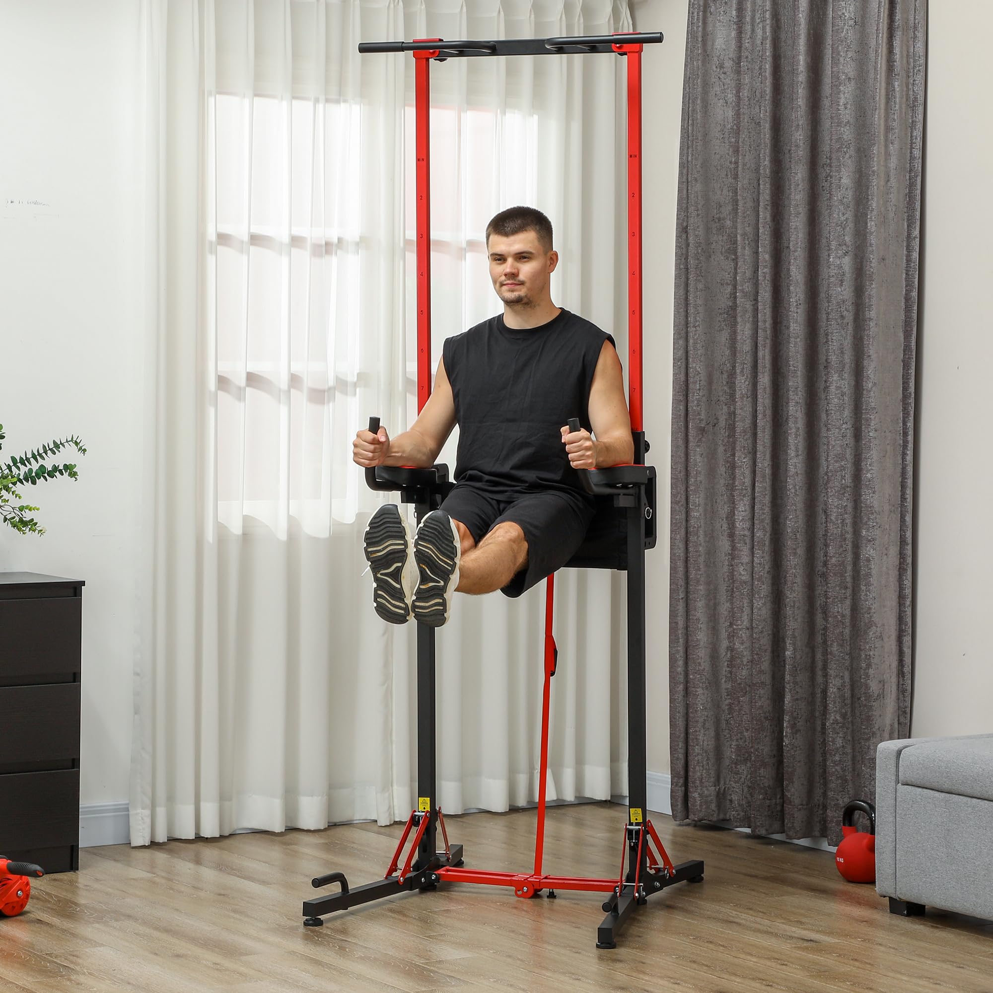 SPORTNOW Torre de fuerza plegable de altura regulable 127-223 cm, estación de inmersión con asas para flexiones, torre de potencia multifuncional, torre de dominadas, barra de dominadas, estación de