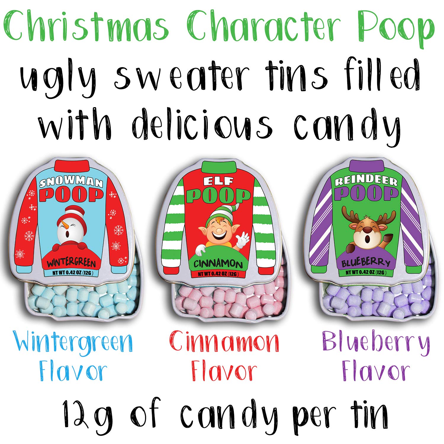 Christmas Character Poop Candy - Reindeer Poop, Elf Poop, Snowman Poop - 3 Ugly Sweater Funny Tins Containers - Dirty Gag Gifts Edible Stocking ...