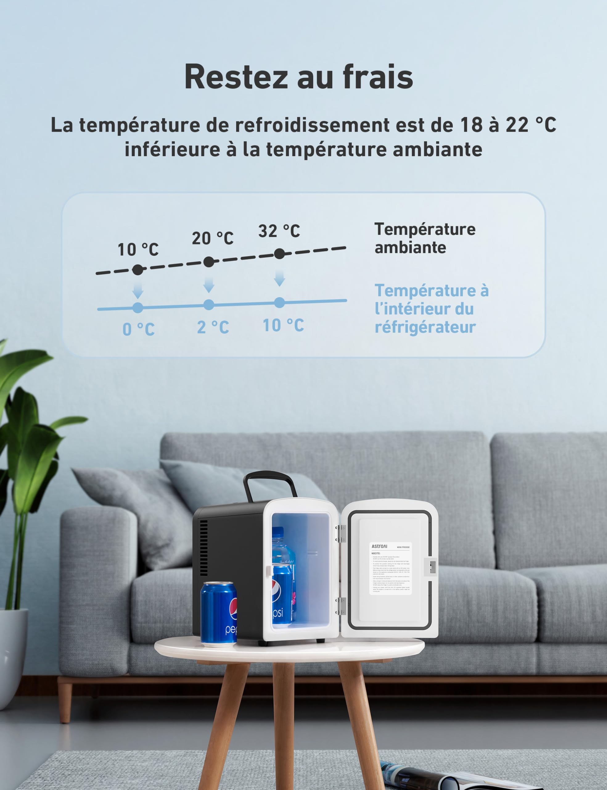 AstroAI Mini Frigo de Chambre, 4 litres / 6 Canettes 330ml, 12V/220V, Petit Frigo Cosmetique, Mini Réfrigérateur Voiture Portable, Glacière Électrique, Fonction Chaud/Froid (Noir)