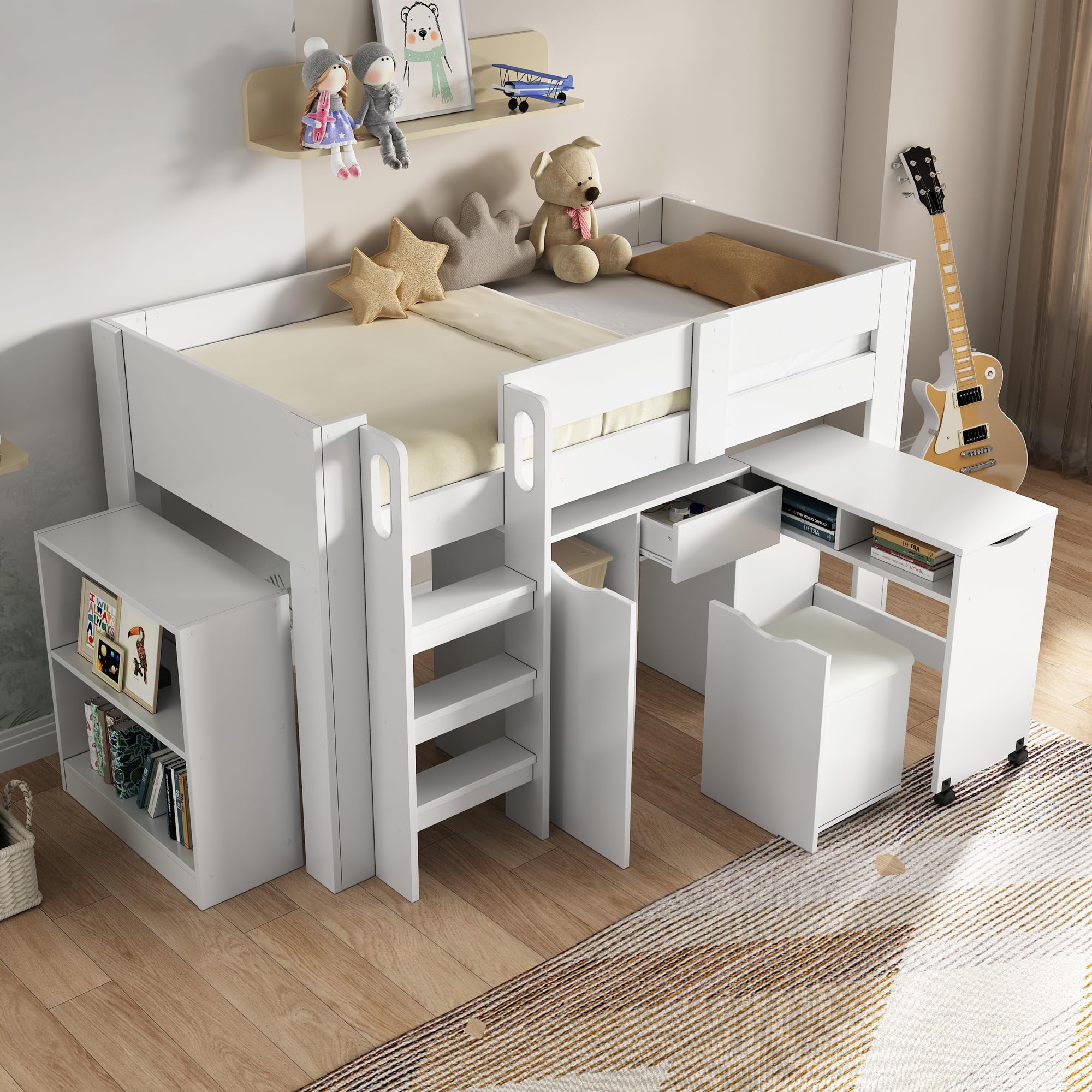 Etagenbett Kinderhochbett, multifunktionales Kinderbett, mit Leiter, mit Teleskopschreibtisch, mit herausnehmbarem Schrank, mit Schublade, 90 * 200 cm