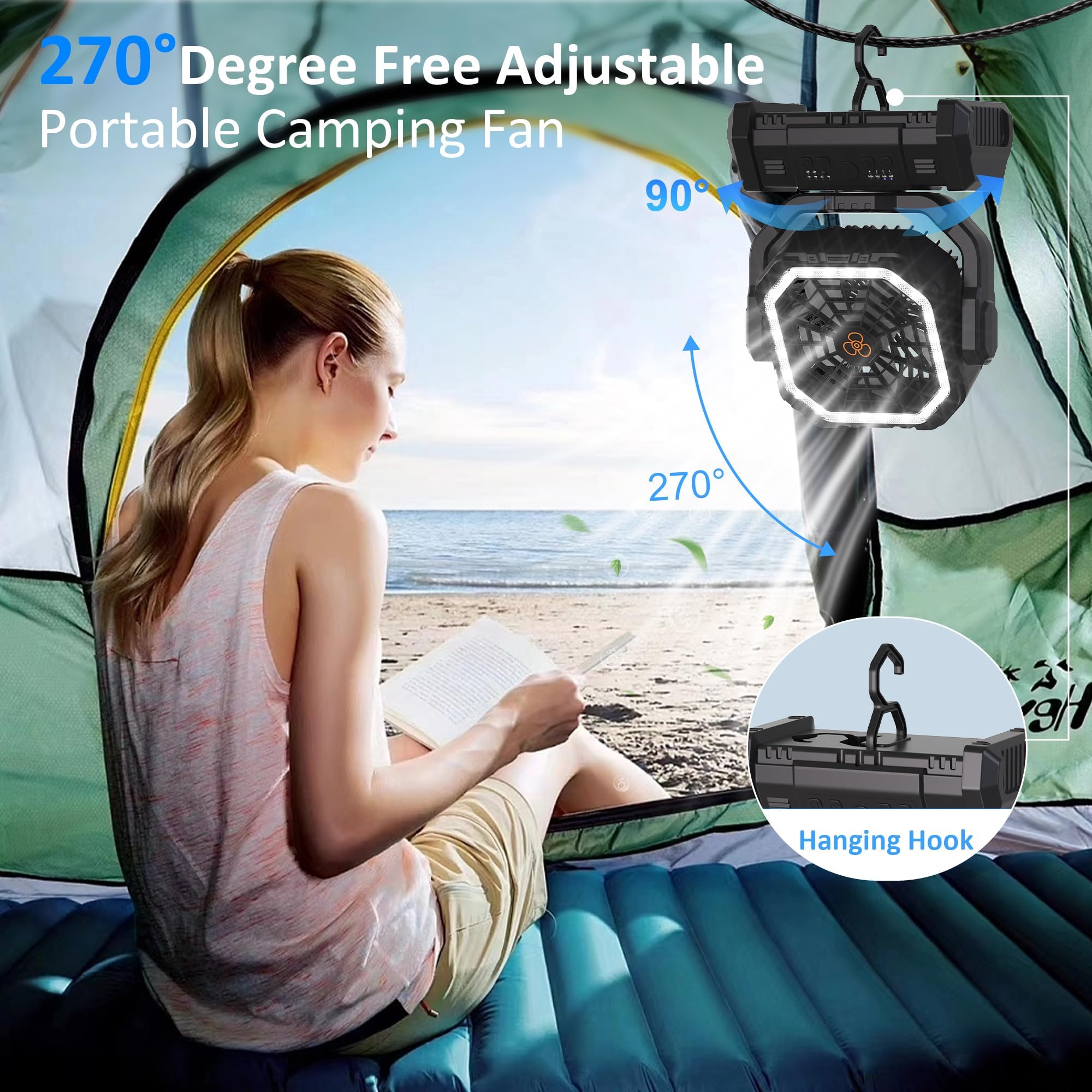 Ventilatore portatile ricaricabile, 20000 mAh, senza fili, alimentato a batteria, con luce LED e telecomando, 4 velocità di vento, timer, USB C, gancio per appendere a 360°, ventole oscillanti per