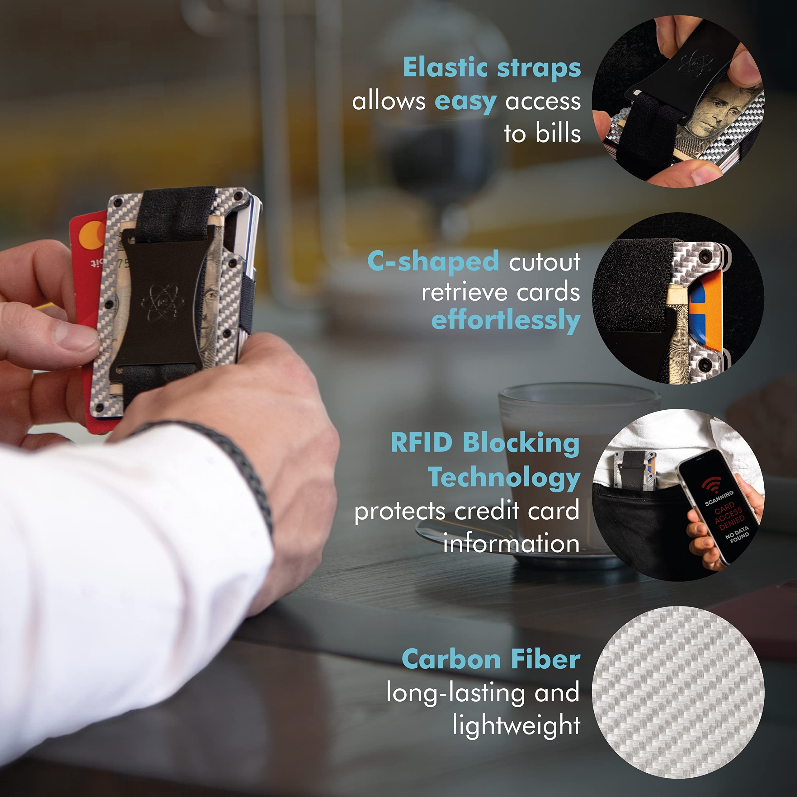 ROSSM Portafoglio da uomo minimalista con blocco RFID sottile - Portafoglio con tasca frontale sottile con cinturino in metallo e fermasoldi - Fibra di carbonio forgiata/Pacifico/AirTag