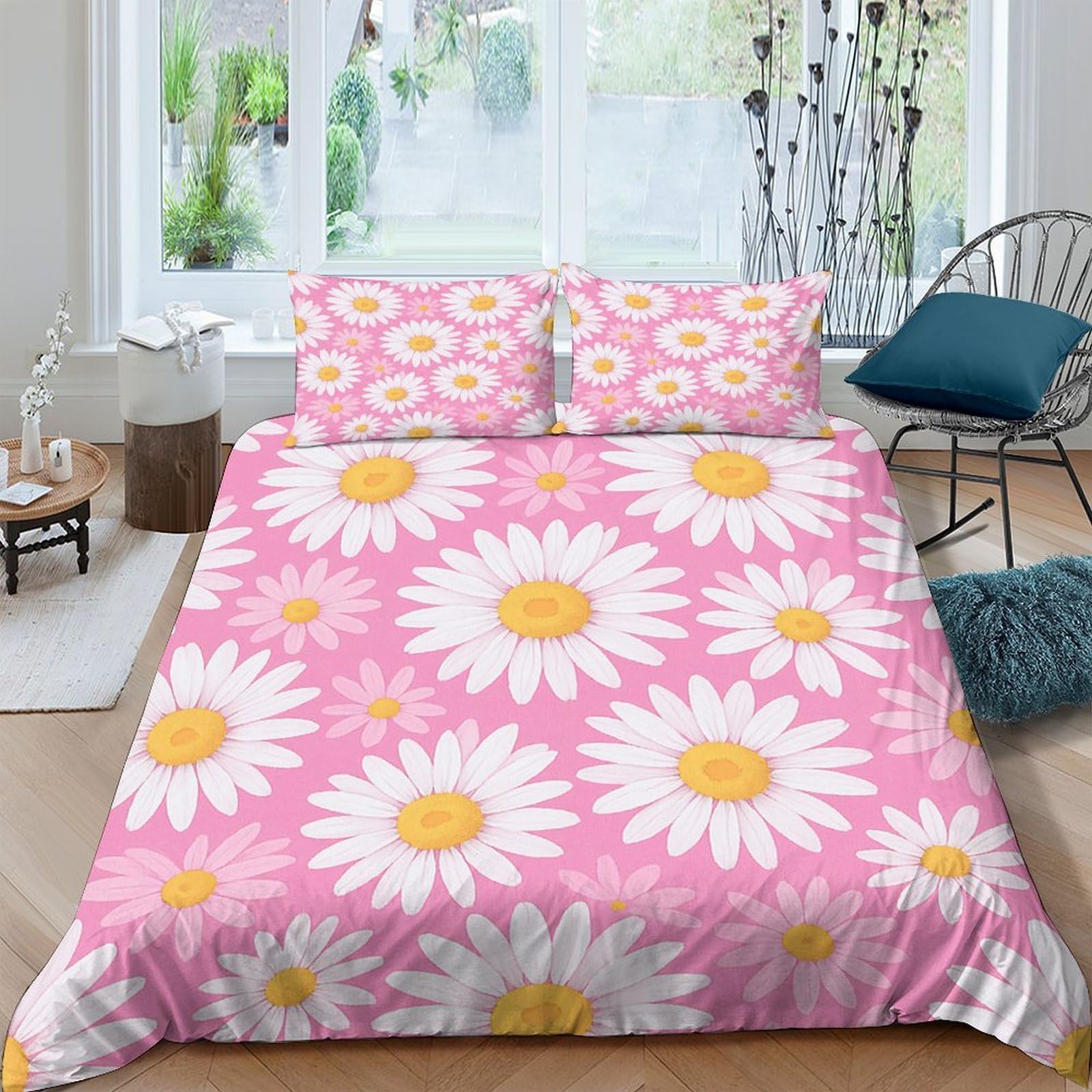 Ctjqhvkz Style-10 3D Printed Pink Daisy Fitted Sheet Microfiber Soft Decor Yellow Flower Bed Cover For Bedroom Guestroom Dorm Mattress Protection Single（135X200cm）