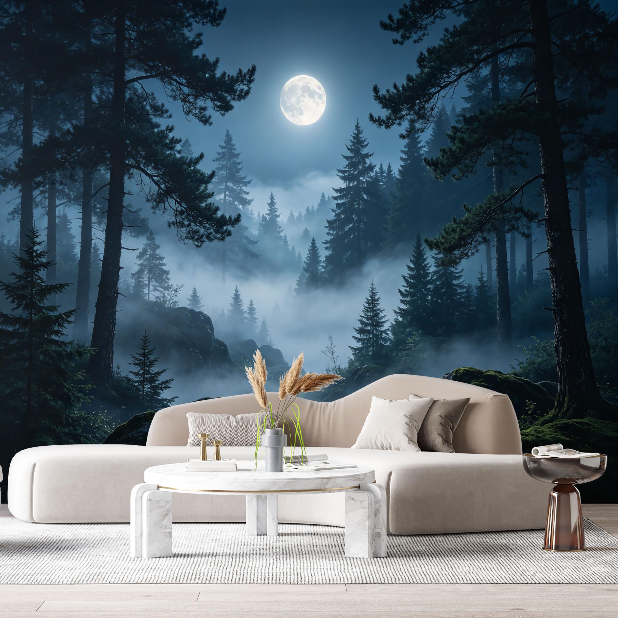 Custom Size Wall Murals Moonlit Forest Landscape Misty Night Trees Rocks SelfAdhesive Wall Fabric Removable Large Wallpaper for Photo Living Room