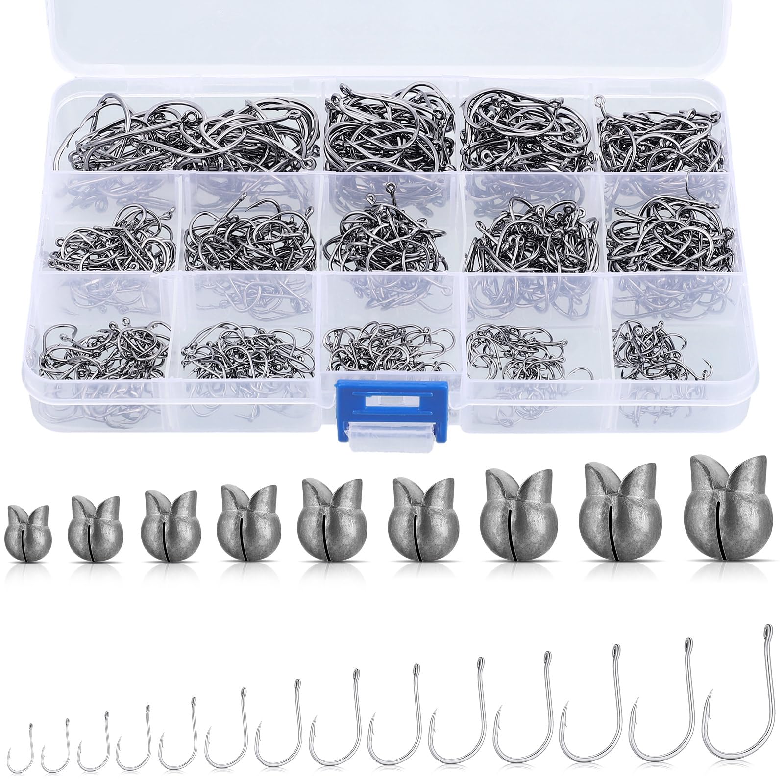 JellyArch 800 Pcs Fishing Accessories Kit Includes 700 Pcs 14 Sizes Carbon Steel Fishing Hooks 100 Pcs 9 Weights Removable Split Shot Sinker Circle Hooks Saltwater Fishing Sinkers and Weights with Box