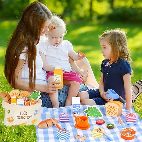 Miniatura 3 de Juego de picnic para niños, comida de juego de simulación para niños pequeños de 1 a 3 años, 24 piezas de juegos de comida de madera para niños con