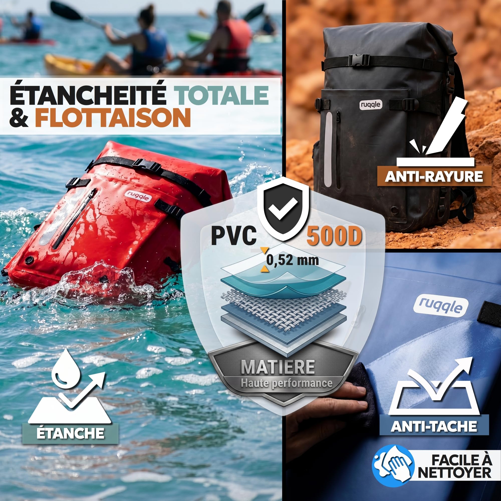 Ruqqle Sac étanche Polyvalent, Waterproof Dry Bag 20/30/45L, 3 Poches externes, Sac à Dos Confort imperméable idéal Voyage Plage Mer Bateau Canoë Paddle Kayak Moto Randonnée Camping Pêche Loisirs