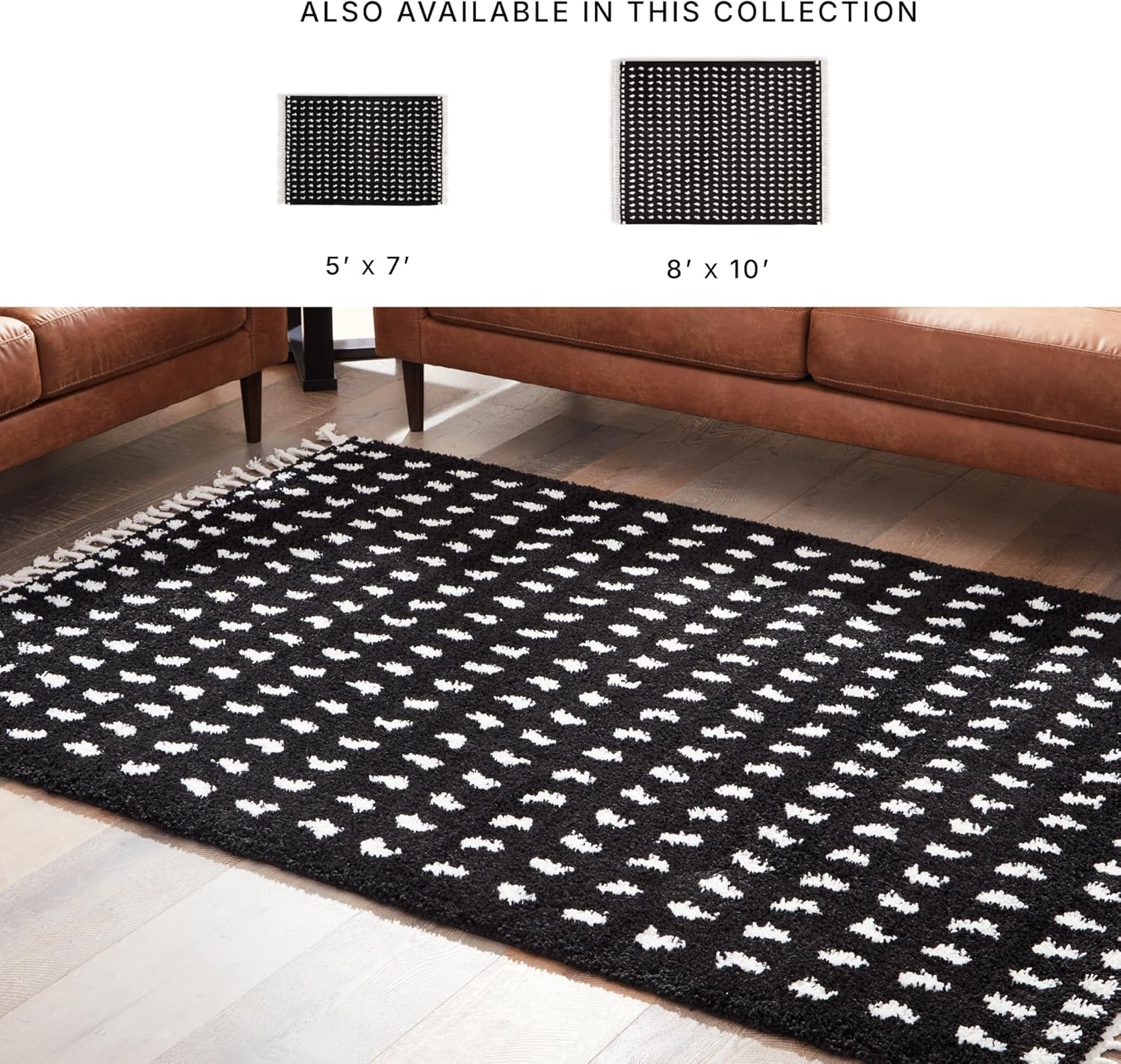 Signature Design by Ashley Minston Contemporary 5' x 7' Machine Woven Dot Design with Braided Tassel Edge Medium Area Rug, High Pile, Black & White