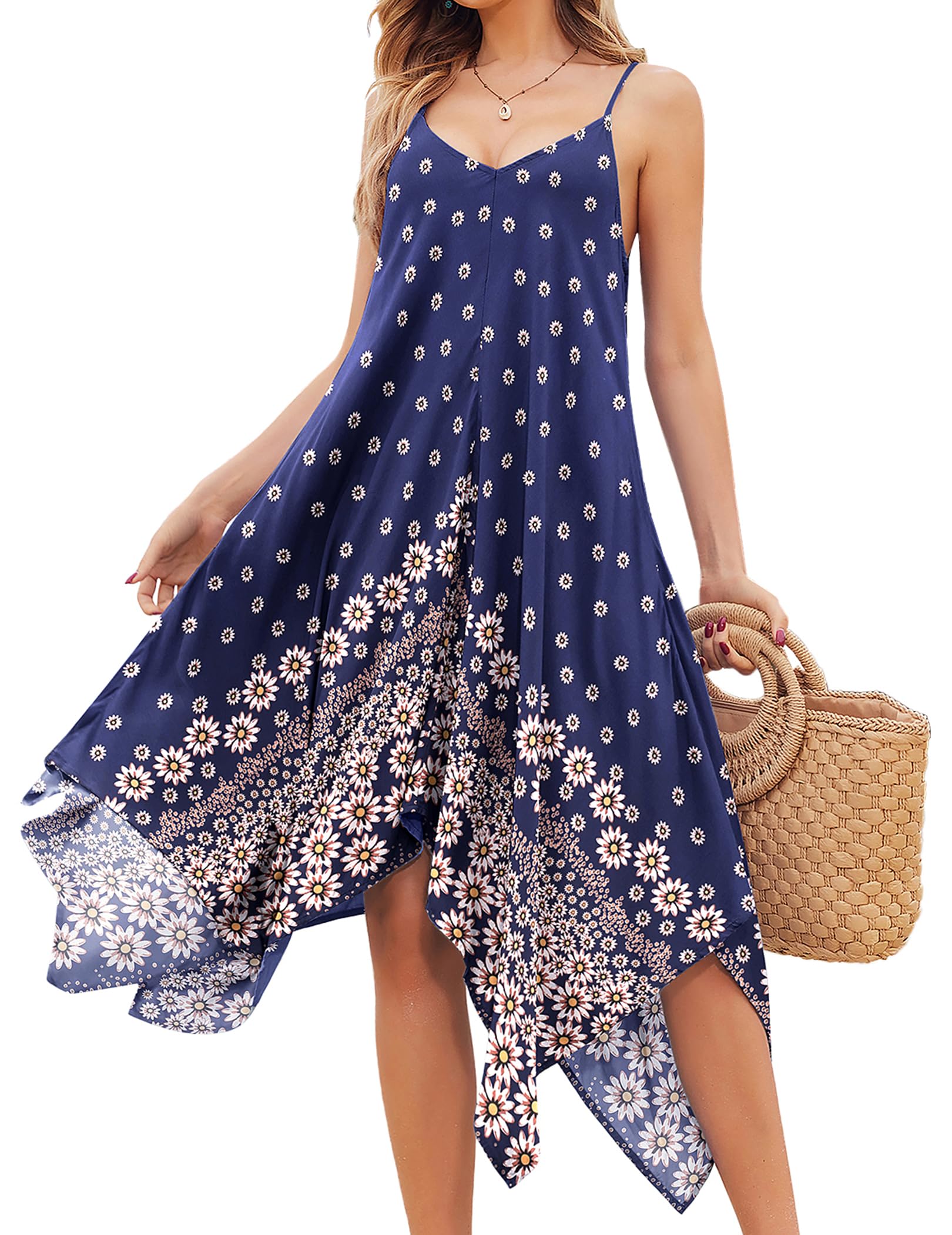 Chigant Womens Summer Dresses Casual Spaghetti Strap Midi Swimwear Cover Up | Flowy Handkerchief Dress, For Beach Vacation, Maxi, Solid Color, Floral, Boho, Tropical, Hawaiian Dress